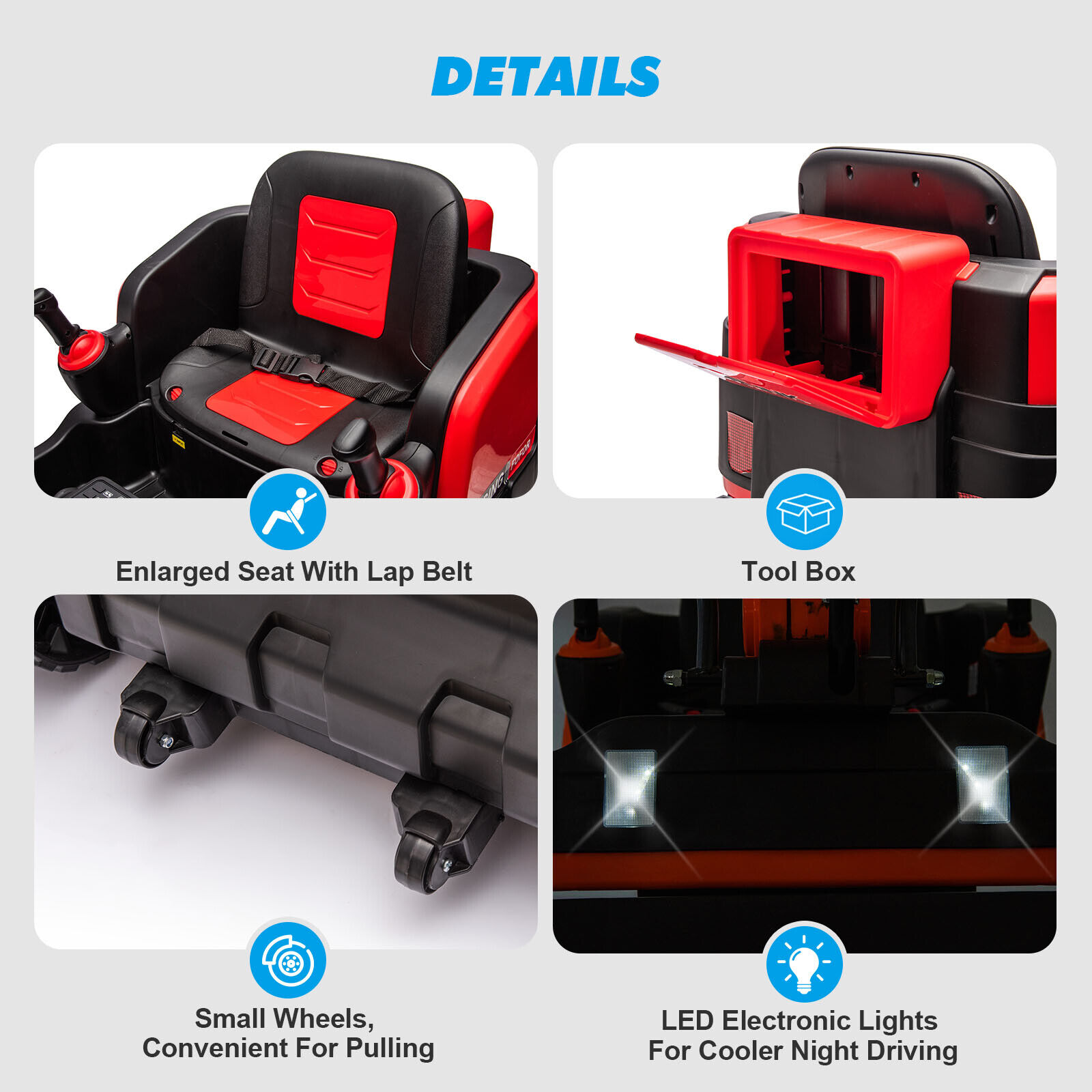 JOYLDIAS Kids 12V Electric 360 Degree Rotating Ride On Excavator and Bulldozer with Track Design Wheels, Remote Control, MP3, Toolbox (Red) - Curated Treasures Market