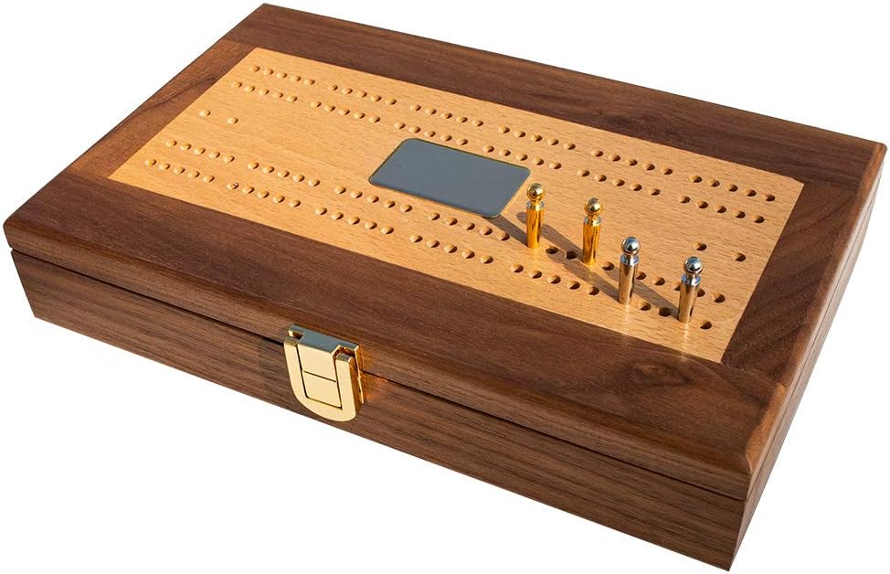 Club Alex Luxury Domino Set with Handcrafted Walnut-Framed Beechwood Case & Cribbage / Counter Top - Tournament Quality 28 Double-Six Dominoes (Domino Set with Personalized Brass Plate)