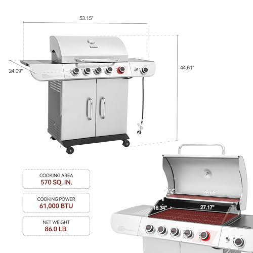 Royal Gourmet SG5002 5 Burner Propane Gas Grill with Side Burner & Sear Burner, Stainless Steel Gas Grill with 61,000 BTUs Output for Outdoor Patio Garden Backyard Cooking, Silver
