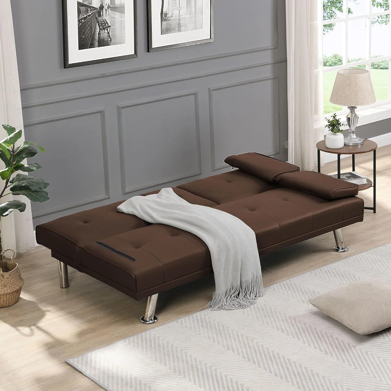 Hbaid Modern Faux Leather Couch Convertible Folding Futon Sofa Bed with 2 Cup Holders, Brown