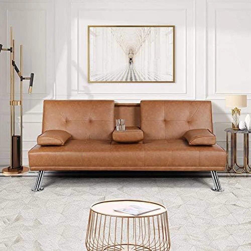 SJOPLMN Convertible Sofa Bed Adjustable Couch Sleeper Modern Faux Leather Home Recliner Reversible Loveseat Folding Daybed Guest Bed  Removable Armrests  Cup Holders  3 Angles  772lb Capa - Curated Treasures Market