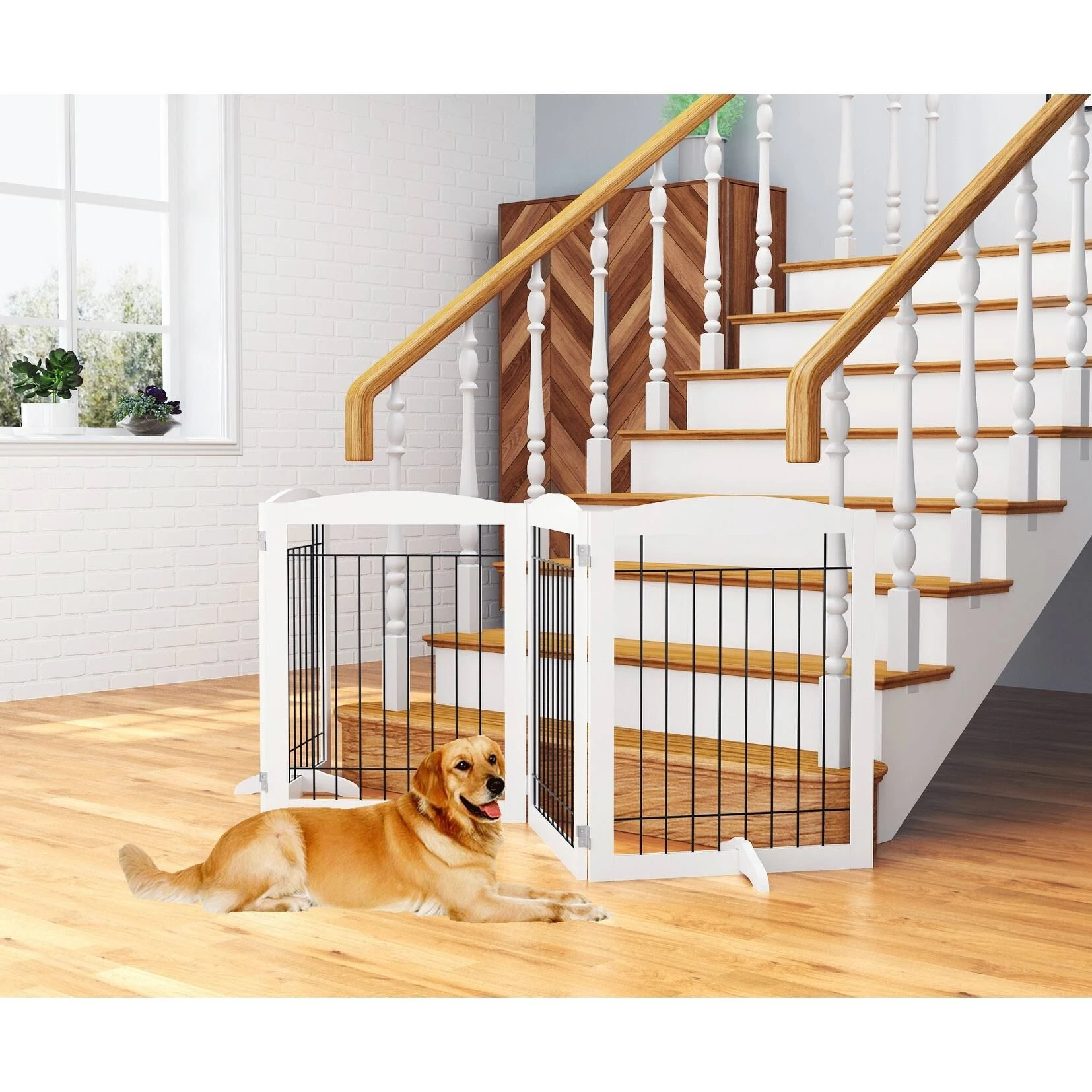 PAWLAND 96-Inch Extra Wide Dog Gate for The House, Doorway, Stairs, Freestanding Foldable Wire Pet Gate, Set of Support Feet