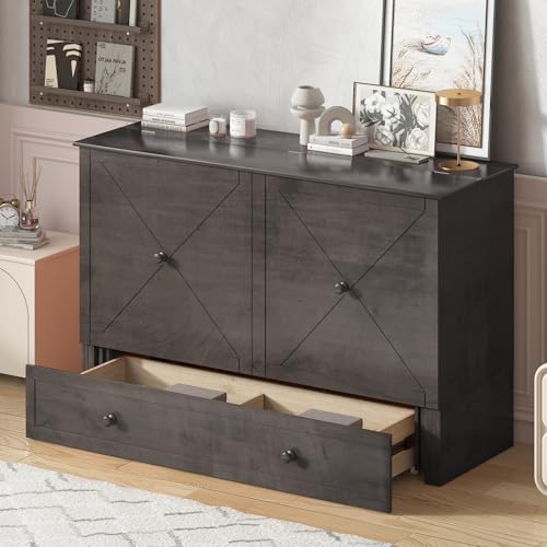 Mjkone Queen Size Murphy Bed with Tri-Folding Mattress, Charging Station, Modern Cabinet Bed with Drawers, Multifunctional Design Wall Murphy Beds for Living Room, Apartment (Cherry Pattern H)