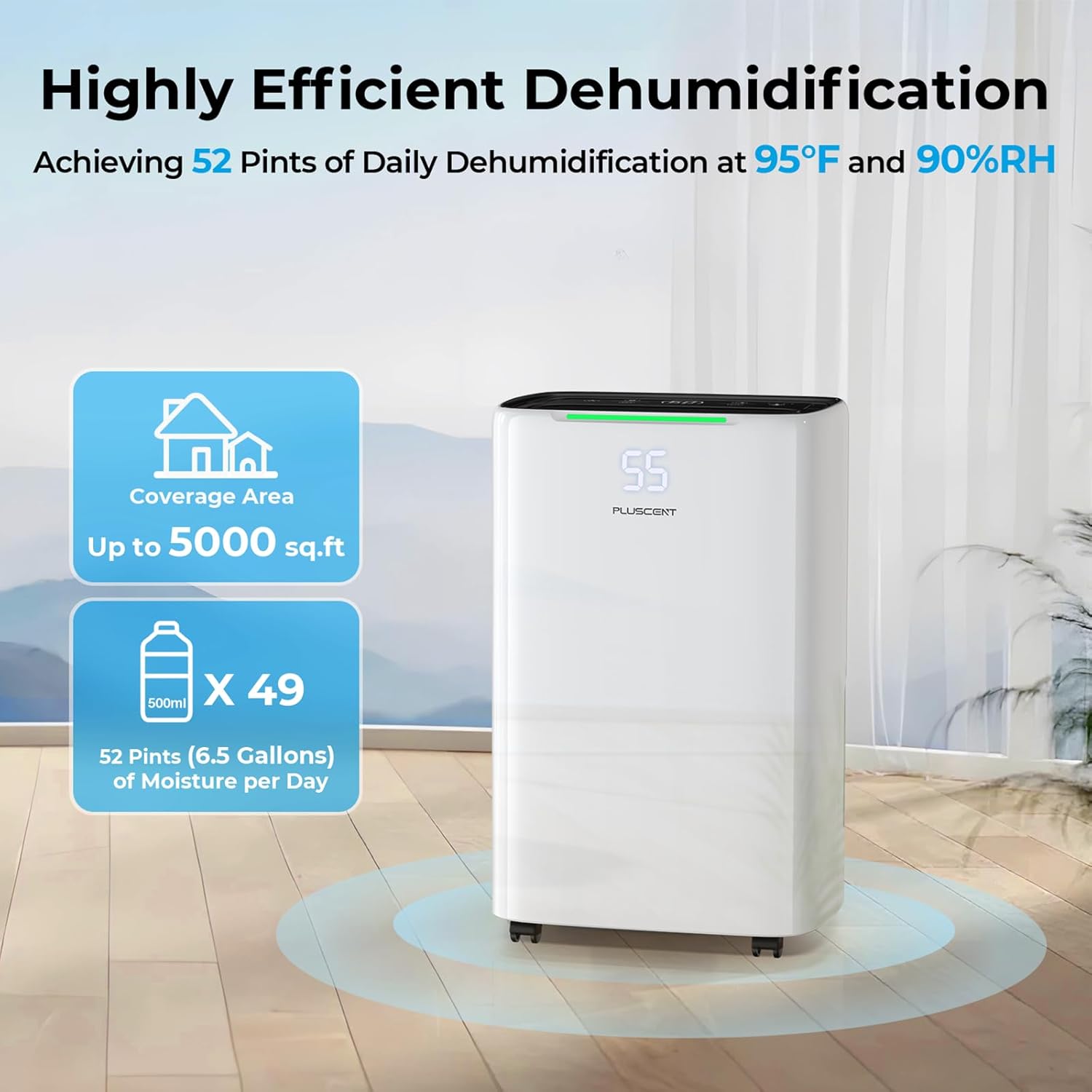 5000 Sq.ft Dehumidifier for Basement, 52 Pints Dehumidifiers with Drain Hose for Home Large Room Bedroom, Quietly Moisture Removal, Intelligent Humidity Control, 4 Operation Modes, 24H Timer