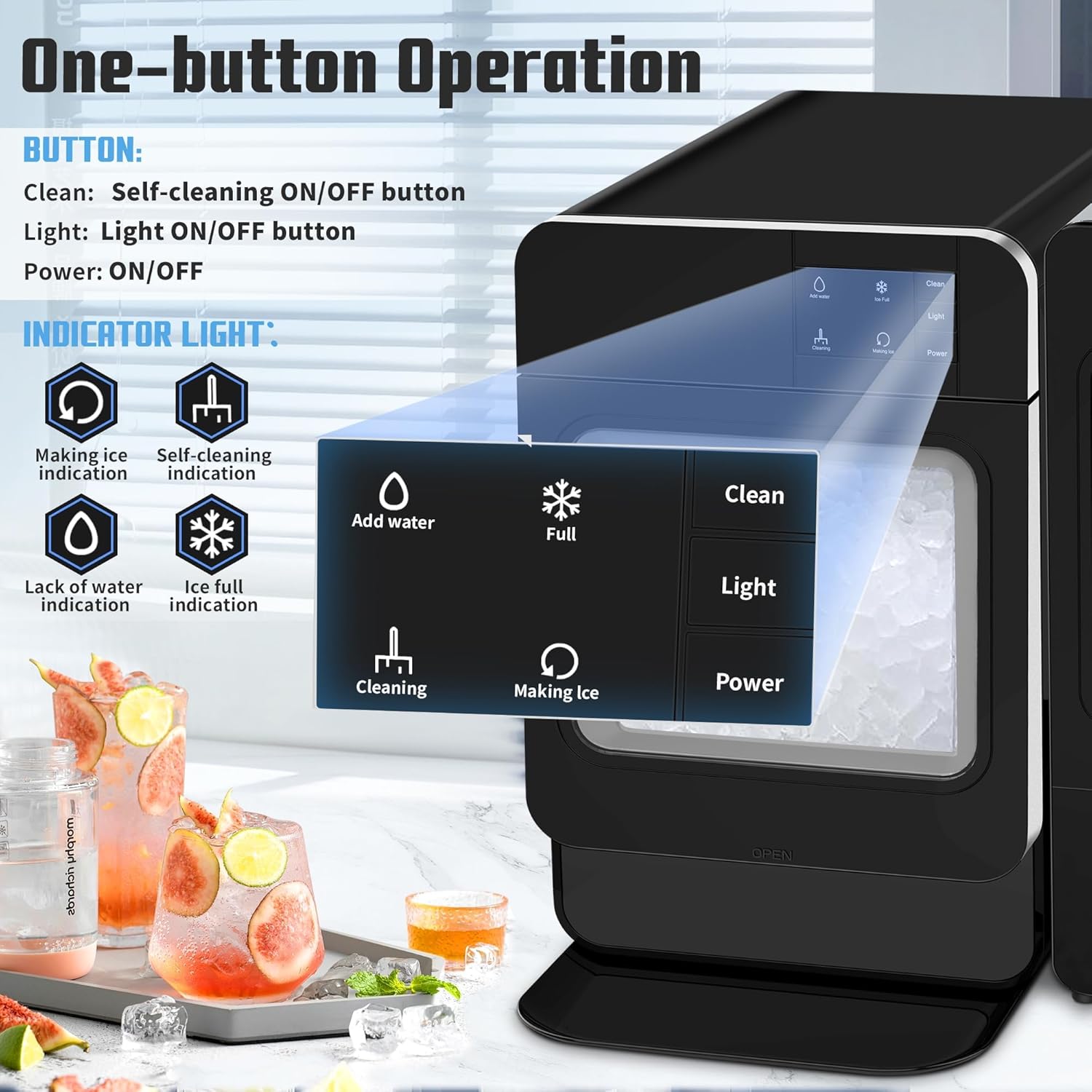 Countertop Nugget Ice Maker, Portable Ice Machine 33 lbs/Day Chewable Ice with Self-Cleaning & Auto Water Refill, Suitable for Home Office Bar Party (Black)