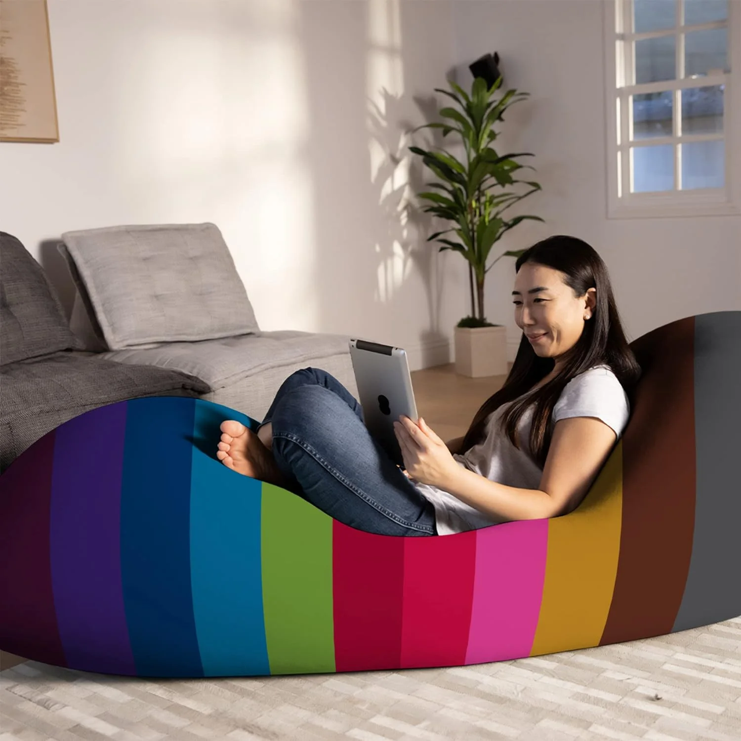 Max 6 Foot Big Giant Large Adult Bean Bag Chair, Huge Jumbo Oversized Massive Beanbag Bed Couch Sofa Sack, Comfy Plush Soft Sensory, Washable Cover, Rainbow Bright