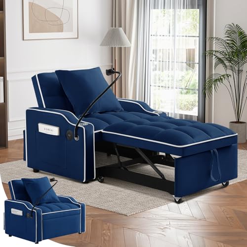 Convertible Sleeper Sofa Bed, 3 in 1 Velvet Pull Out Loveseat Couch Modern Comfy Futon Sofa with Adjustable Backrest & Phone Holder & USB Charging Space Saving for Living Room, Small Apartment, Grey