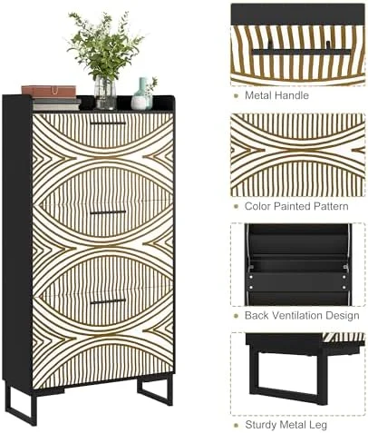 RUNFAYBIU Shoe Cabinet for Entryway Slim Shoe  Cabinet with Color Painted Pattern Shoe Rack Cabinet with 3 Flip Drawers  White Shoe Cabinet for Entryway (Walnut)