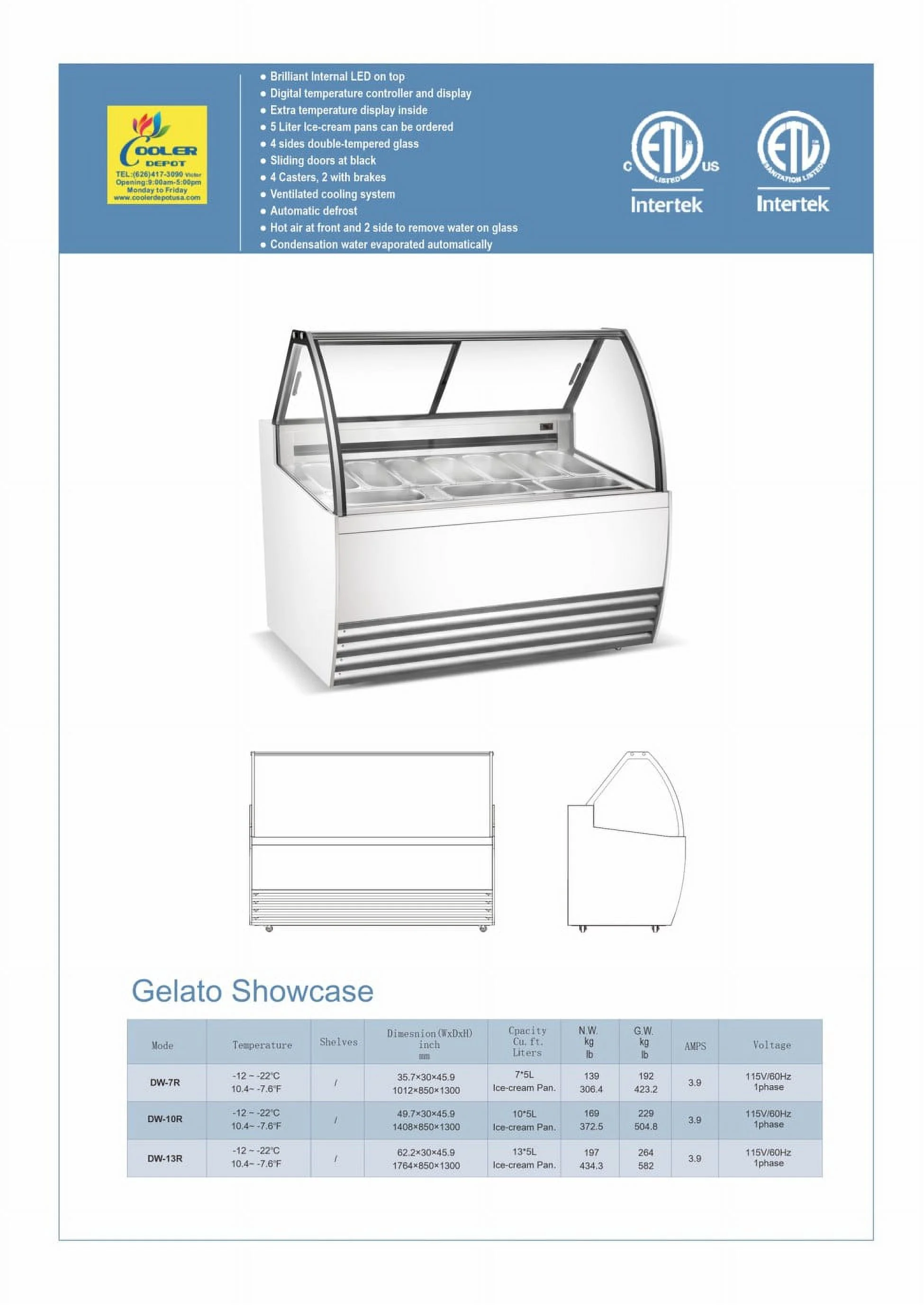 42" Gelato Dipping Cabinet Cooler Depot 7 pan DW-7R