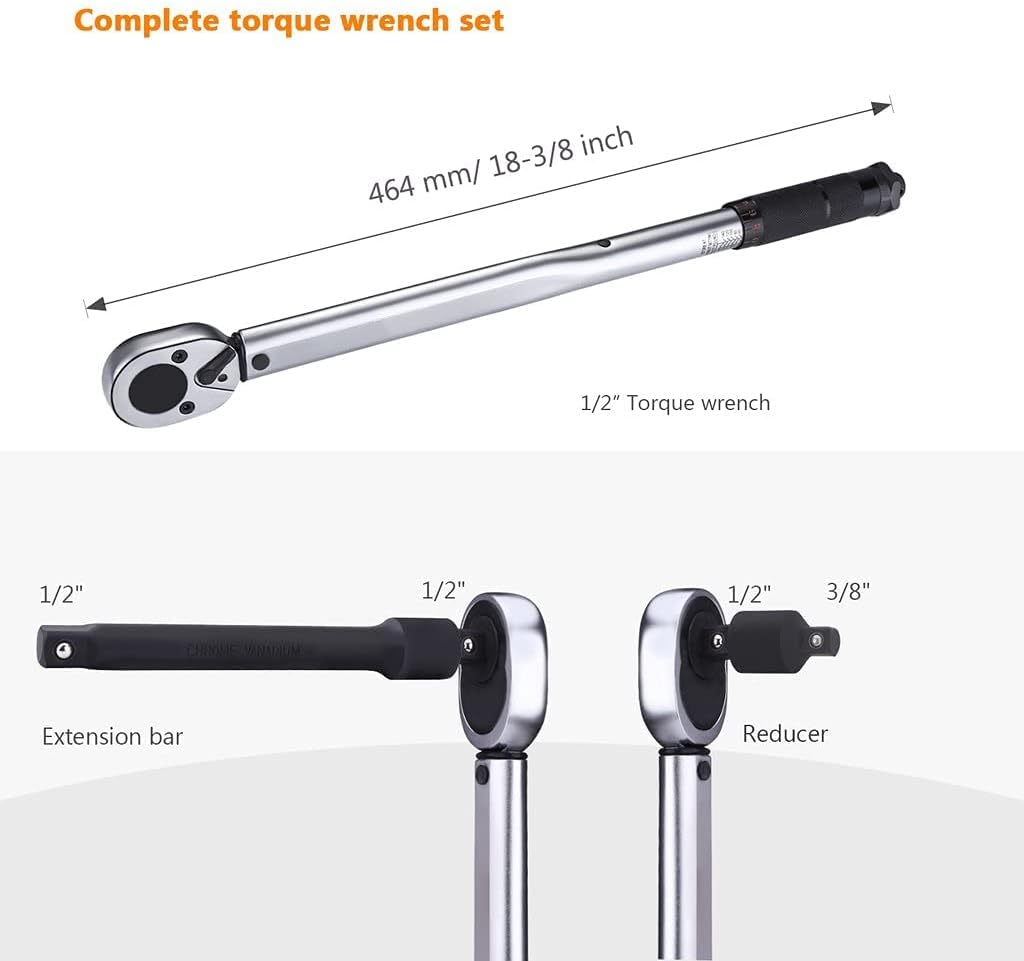1/2" Drive Click Torque Wrench Set With 3/8" Torque Wrench Adapter And 6" Extension Bar(10-150 Ft.- Lb./13.6-203.5 Nm),Dual Direction Adjustable Bicycle Maintenance Kit suitable for Bikes,cars,trucks