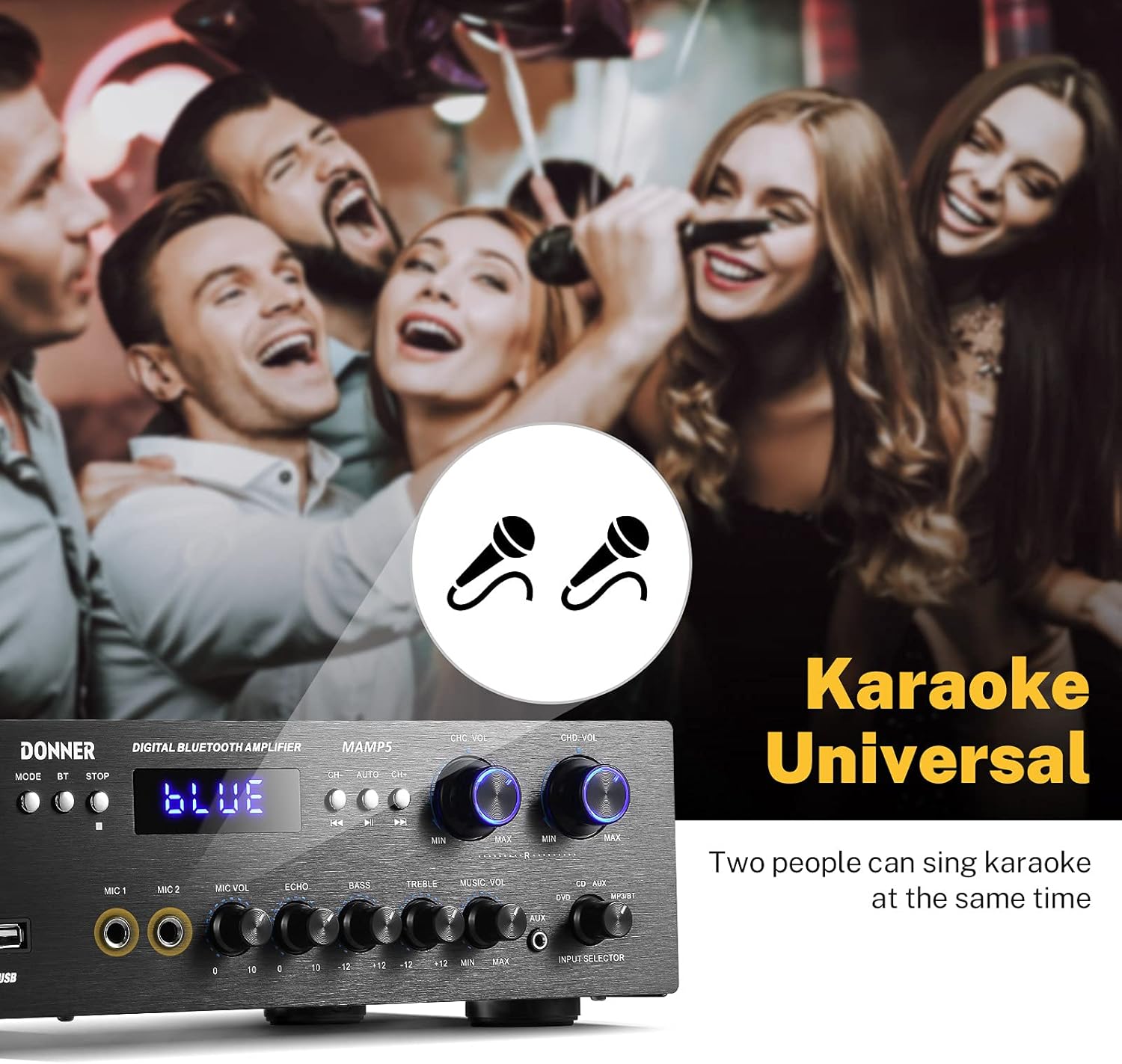 Donner Bluetooth 5.0 Stereo Audio Amplifier Receiver, 4 Channel, 440W Peak Power Home Theater Stereo Receiver USB, SD,FM, 2 Mic in Echo, RCA, LED, Speaker Selector for Studio, Home-MAMP5