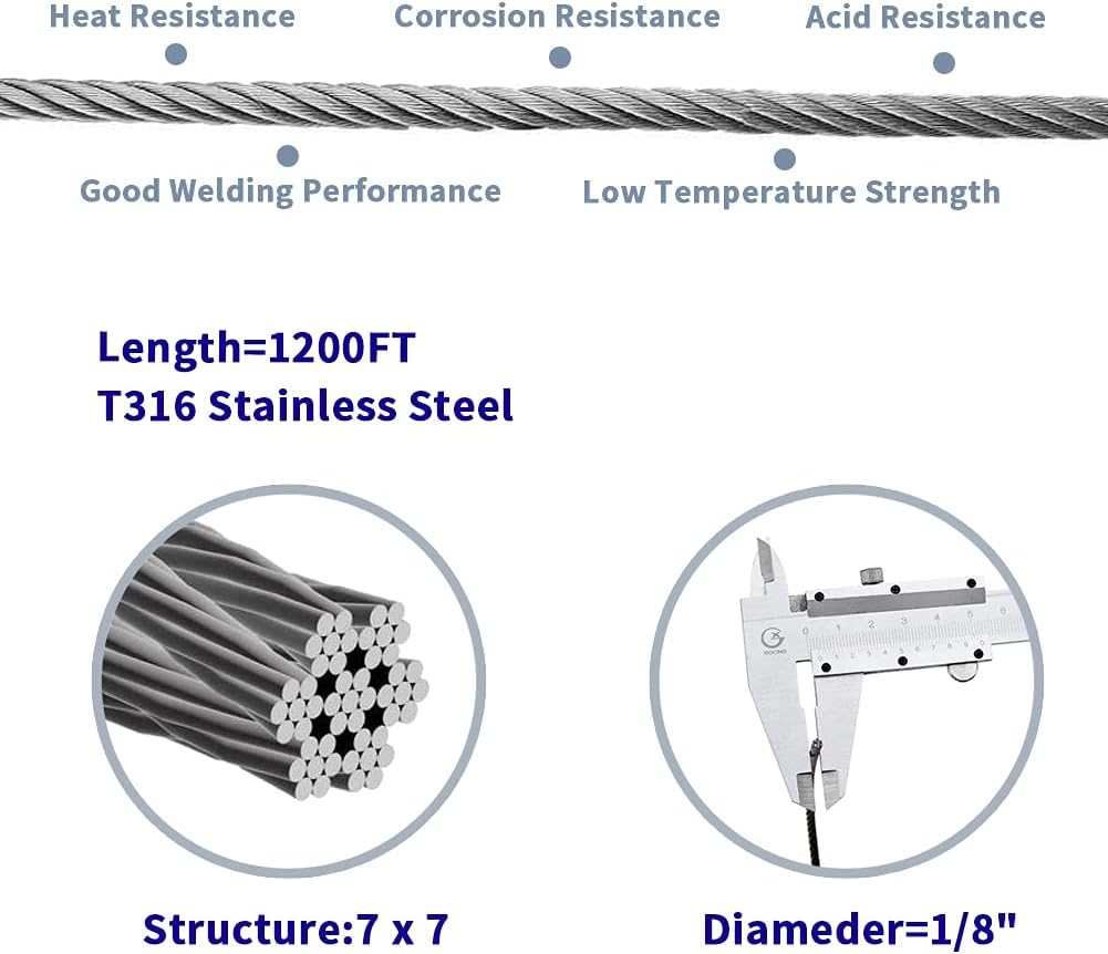 1000FT 1/8" T316 Stainless Steel Cable, Wire Rope Aircraft Cable for Deck Cable Railing Kit, 7 x 7 Strands Construction,DIY Balustrades, Come with a Cutter