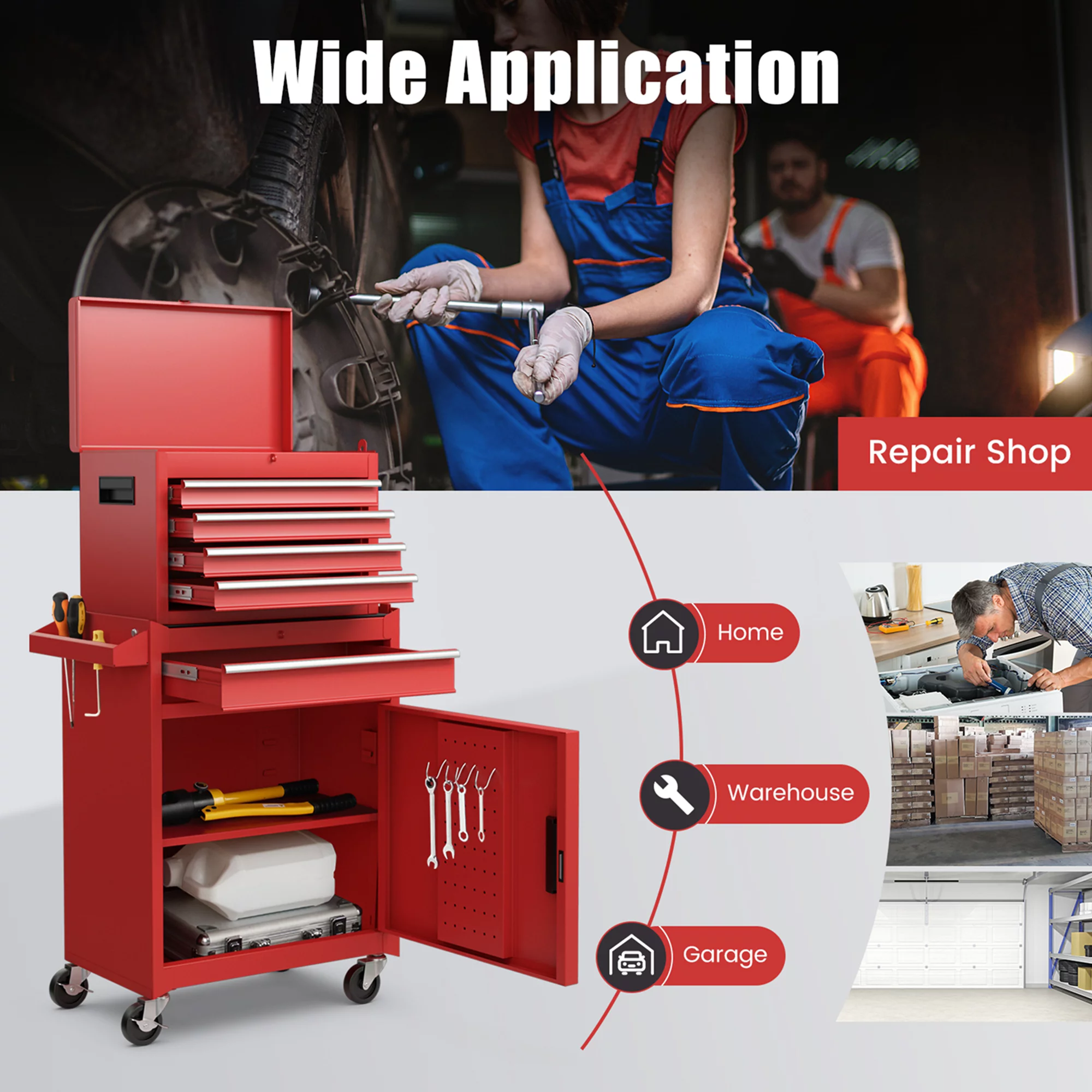 Costway 5-Drawer Rolling Tool Chest Cabinet Metal Tool Storage Box Lockable with Wheels Red