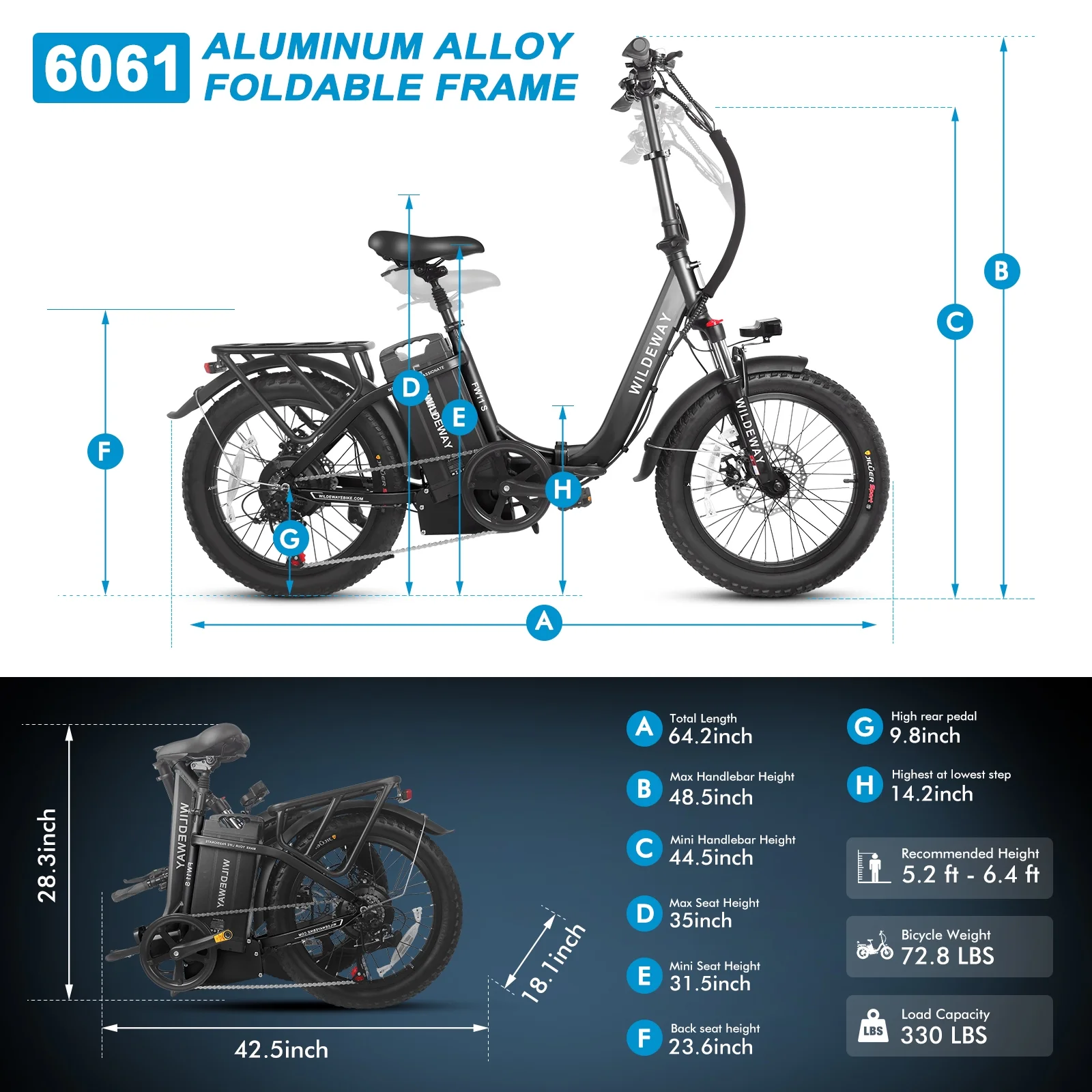 Wildeway Folding Electric Bicycle for Adults ,750w Motor，48v 32ah Removable Battery , 7 Speeds, 20×3.0 Fat Tire Snow Mountain Beach City Ebike Black UL2849