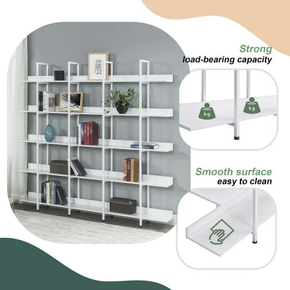 5 Tier Bookcase Home Office Open Bookshelf, Vintage Industrial Style Shelf with Metal Frame, MDF Board,White - Curated Treasures Market