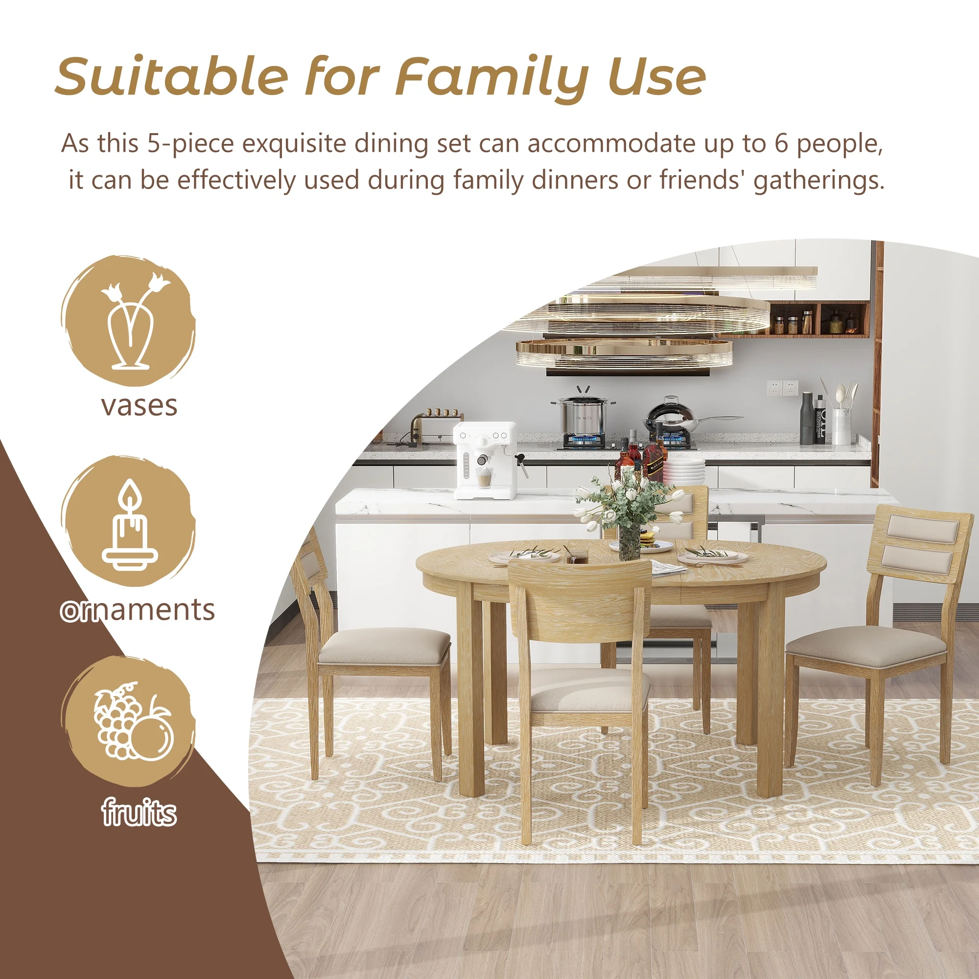 5-Piece Multifunctional Dining Table Set, Farmhouse Dining Set with Extendable Round Table ,Two Small Drawers and 4 Upholstered Dining Chairs for Kitchen and Dining Room (Natural Wood Wash)