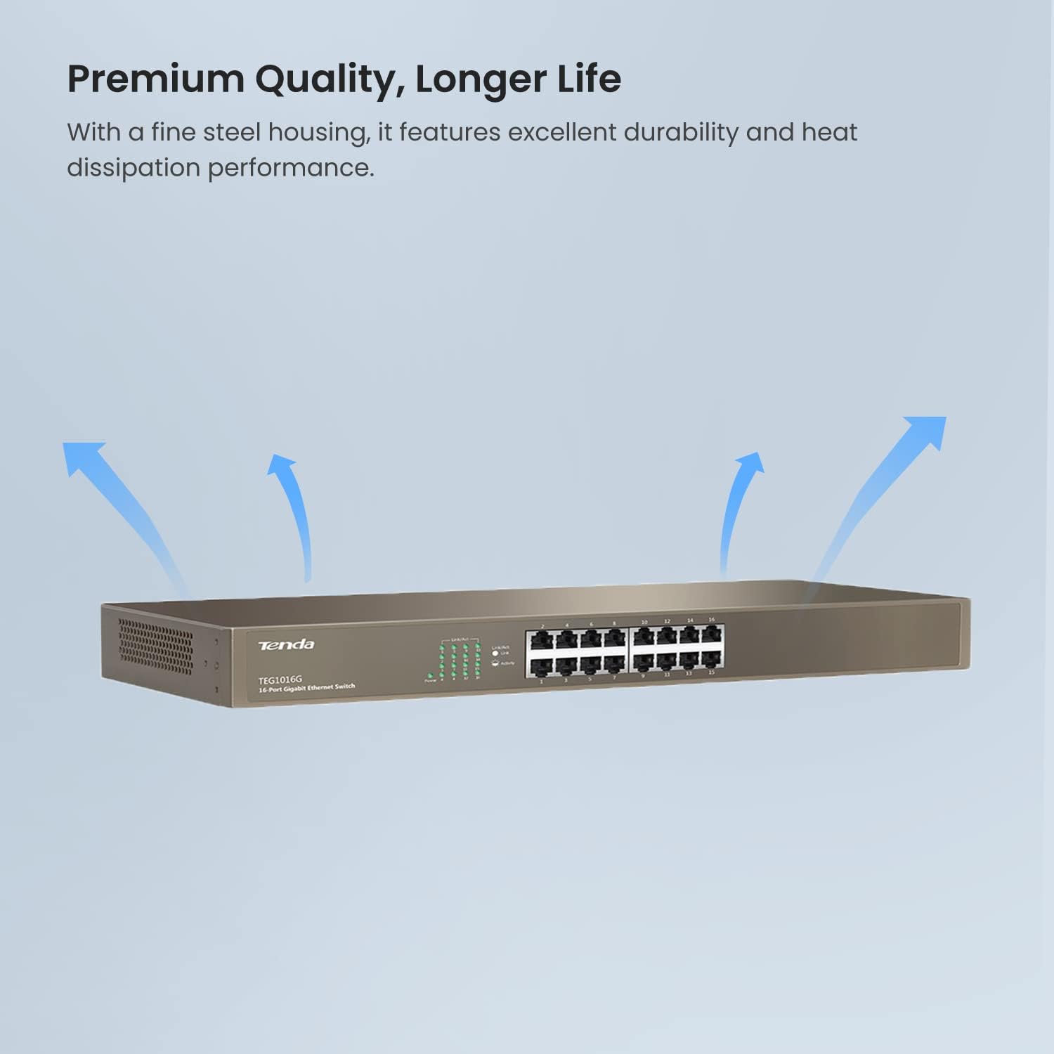 Tenda TEG1016G | 16-Port Gigabit Ethernet Switch | Desktop Network Splitter | Sturdy Metal | Fanless | Plug & Play | Traffic Optimization | Unmanaged | Limited Lifetime Protection Pack of 2