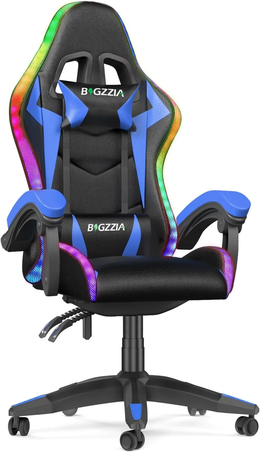 Bigzzia RGB Gaming Chair with LED Lights and Ergonomic Gaming Chair Reclining PU Leather High Back Game Chair with Headrest Adjustable Lumbar Support Linkage Armrest for Adults (Black/Blue) - Curated Treasures Market
