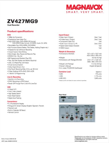 Magnavox ZV427MG9 DVD Recorder/VCR Combo, HDMI 1080p Up-Conversion, No Tuner