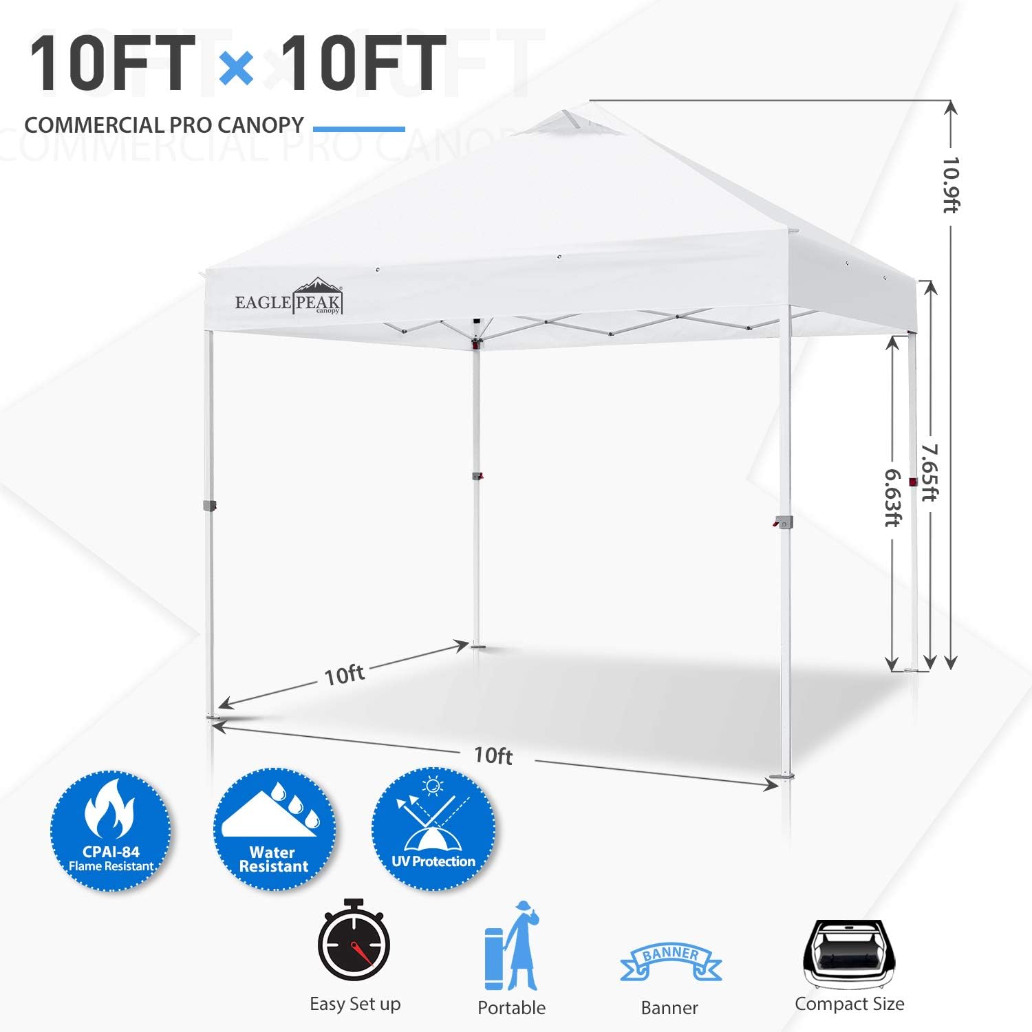 EAGLE PEAK 10' x 10' Heavy Duty Commercial Canopy Tent Pop Up Industrial Instant Canopy Shelter with 100 Square Feet of Shade (White)