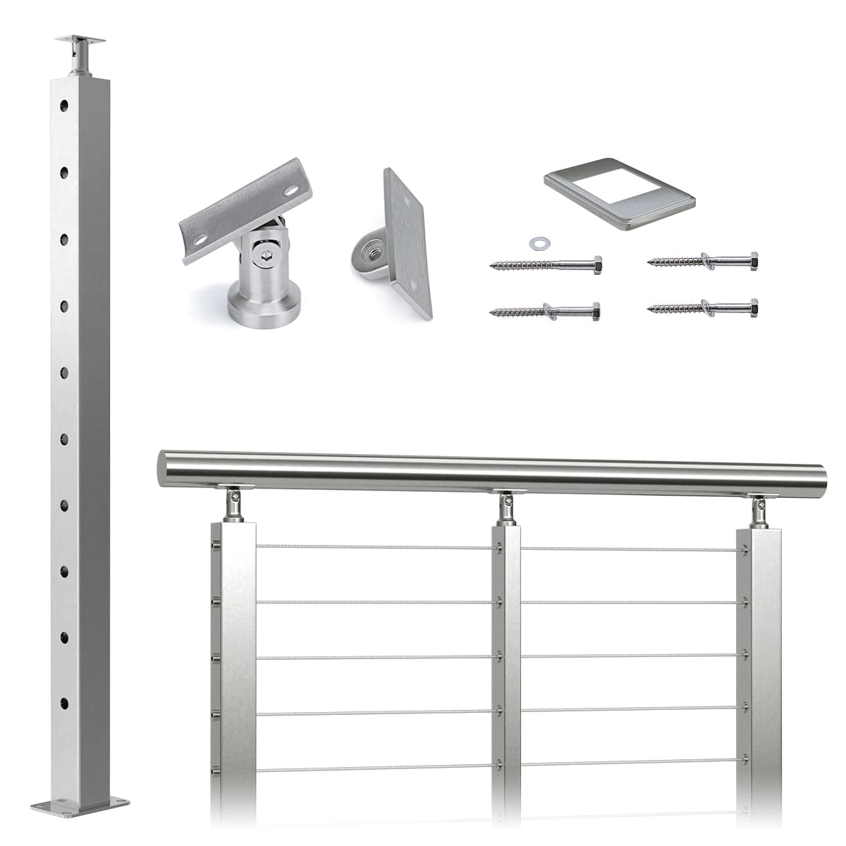Muzata Cable Railing Post Square 36"x2"x2" Stainless Steel Brushed Finishing Pre-Drilled Post Surface Mount for Wood Concrete Level Deck Stair Balustrade fit Invisible kit PS01 LH4S, PT1 PT2 PT6