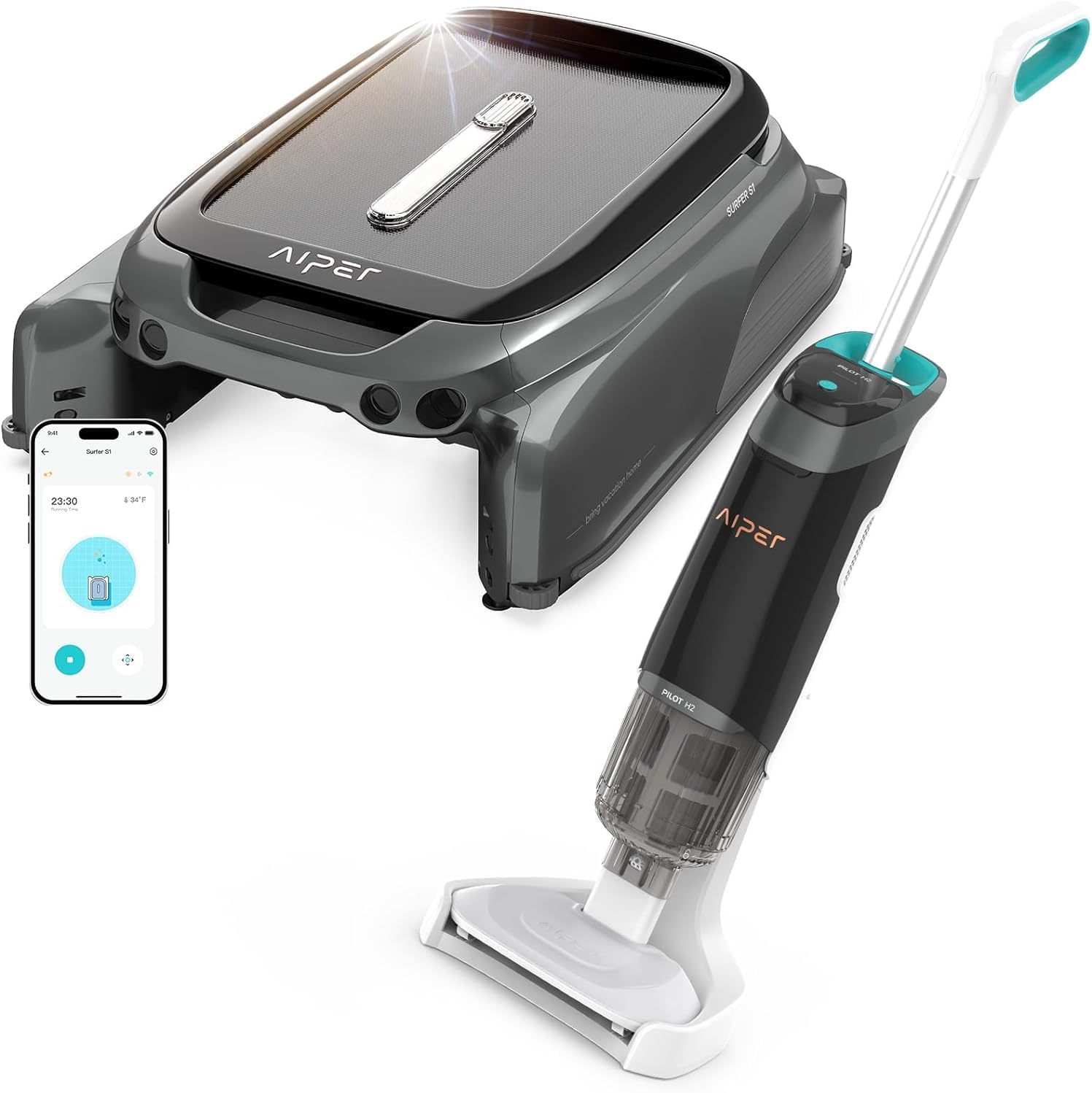 AIPER Surfer S1 Solar Powered Robotic Pool Skimmer with APP Support, 12 Hour Battery Life, Pilot H2 Handheld Pool Vacuum, Cordless Pool Cleaner for Sand, Leaf, Corners, Stairs, Two Cleaning Mode