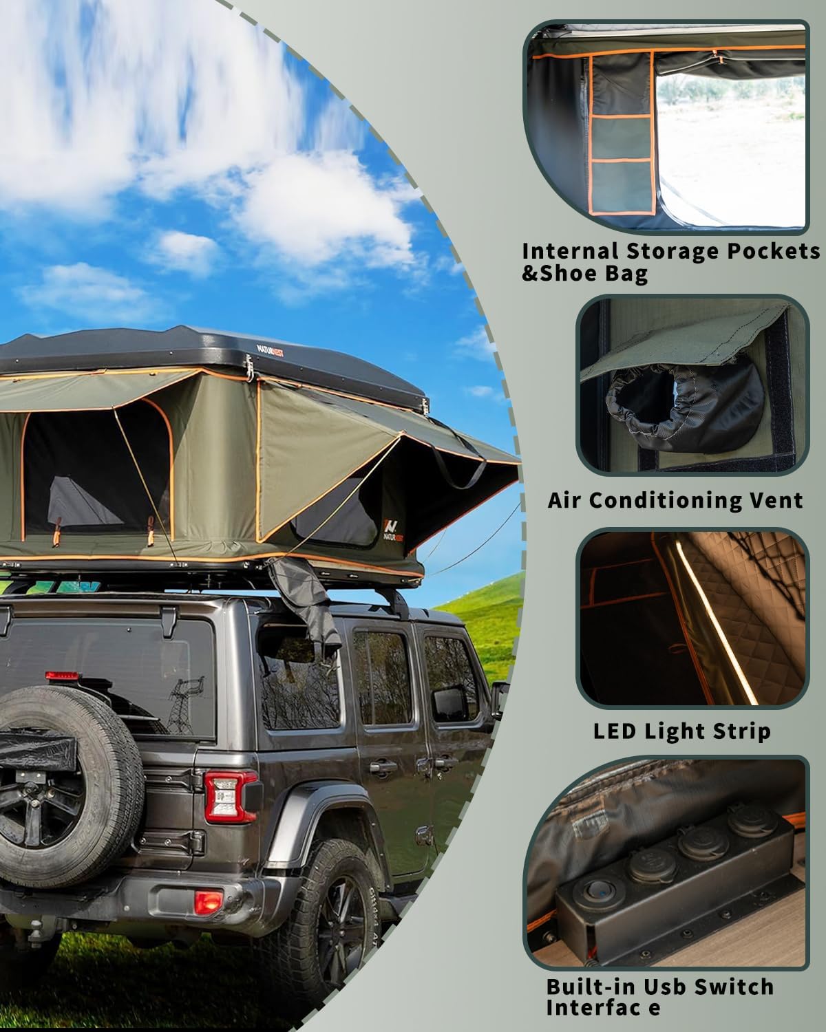 Naturnest Rooftop Tent Hard Shell, Naturnest Orion Roof Top Tent, Boxy Camping Tent, Pop Up Tents with USB Port and AC Vent for Van,Pickup Truck,RV,SUV Tent
