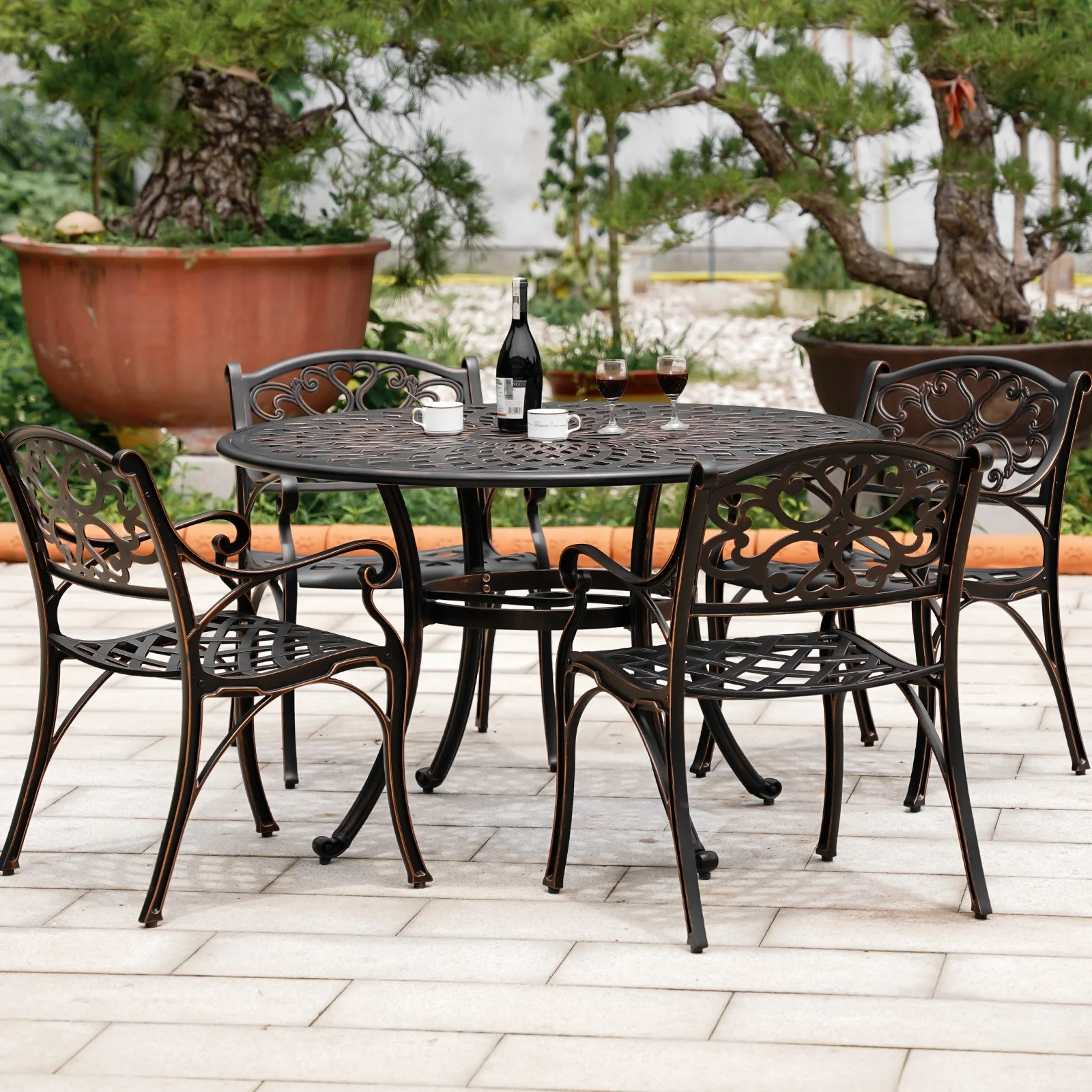 PATIO-IN 5 Piece Outdoor Patio Dining Sets Cast Aluminum Bistro Round Table and Chair Set with Umbrella Hole,Patio Furniture Set for Garden,Bronze