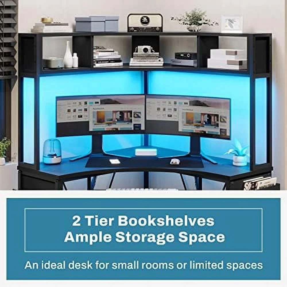 HOOMHIBIU Corner Desk  Small Computer Desk with Hutch &amp; LED Lights  Triangle Corner Computer Desk with Keyboard Tray   Bag  and Headphone Hook for Small Space  Small Office Desk  Rust