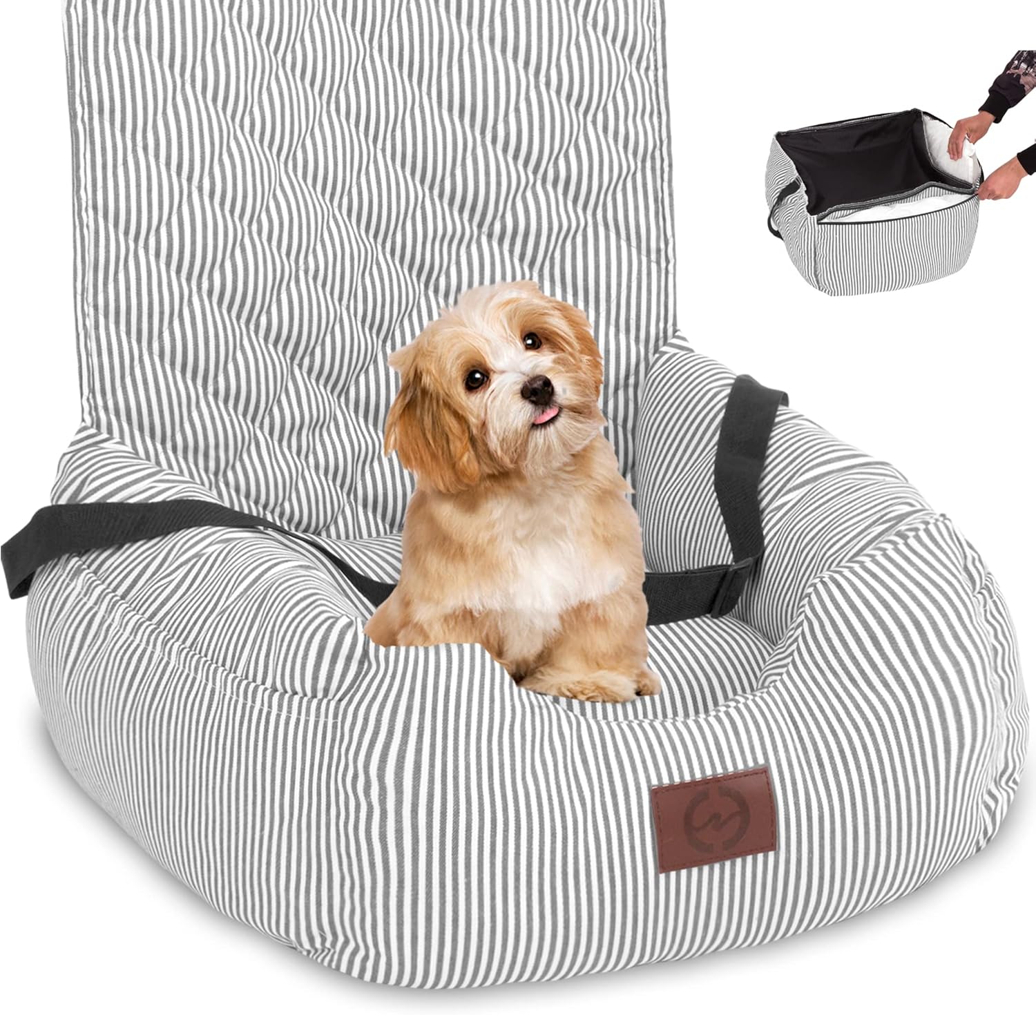 FAREYY Dog Car Seat for Small Dogs, Fully Detachable and Washable Pet Booster Seat Travel Safety Dog Seat Dog Bed for Car with Storage Pockets and Clip-On Safety Leash