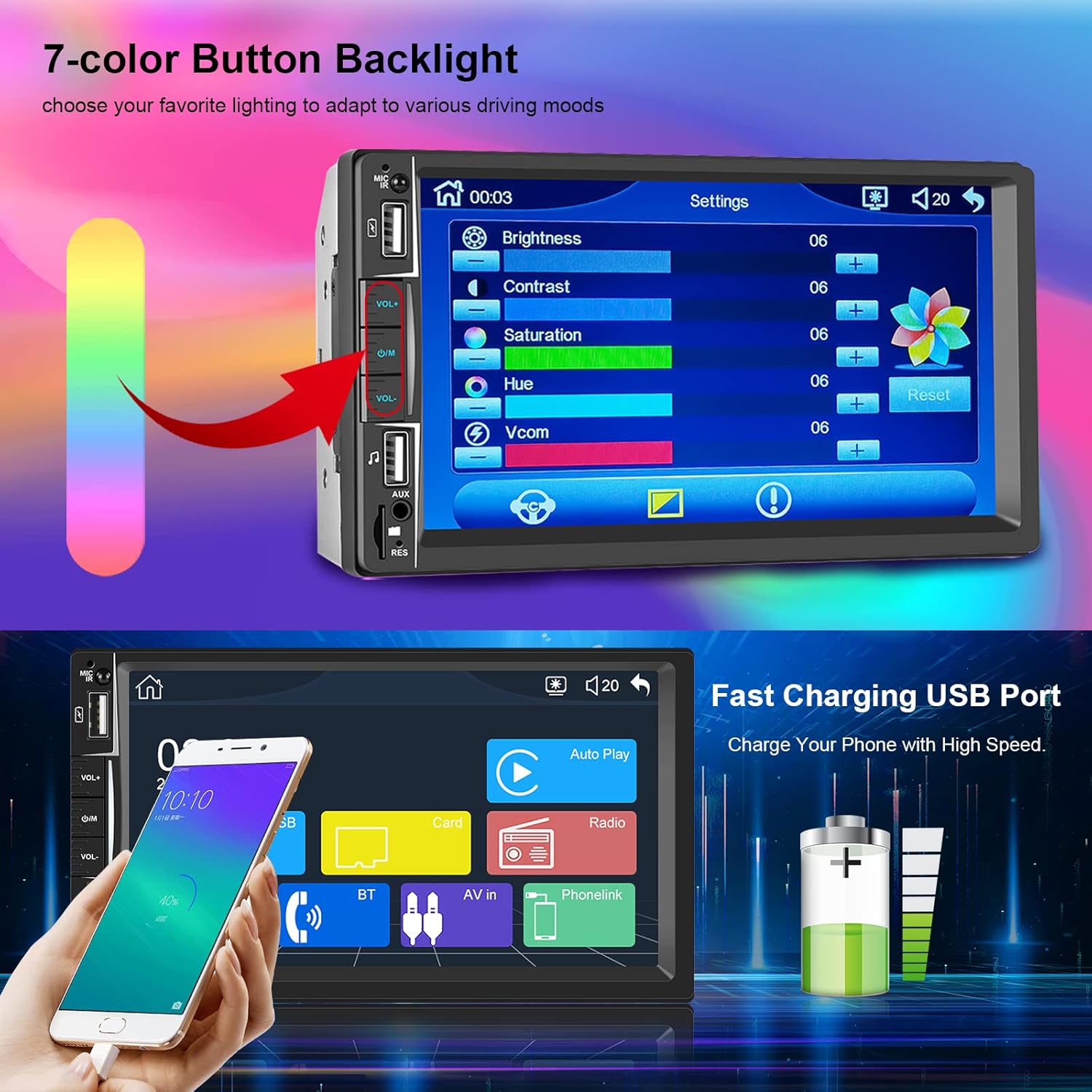 EKAT Double Din Car Stereo Radio Compatible with Caplay and Android Auto, 7 inch Touch Screen Car Multimedia MP5 Player with Bluetooth FM TF AUX-in USB Fast Charge Port SWC + AHD Backup Camera