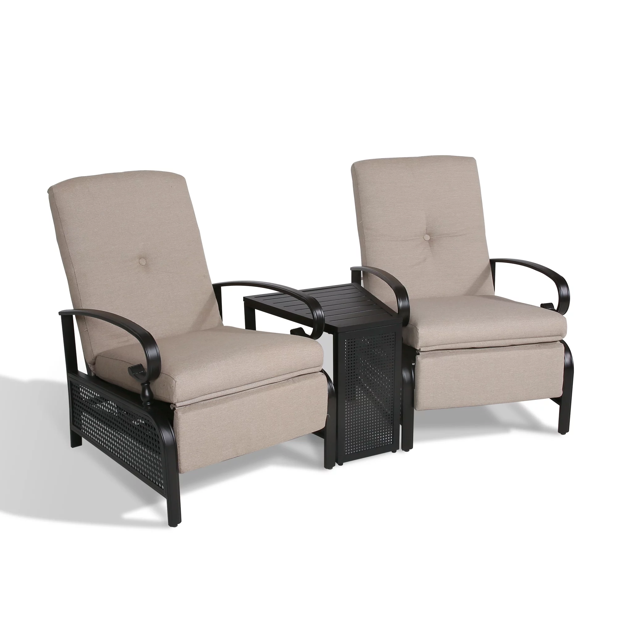 Ulax Furniture 3 Pieces Outdoor/Indoor Metal Recliner Conversation Set, Sailcloth Beige