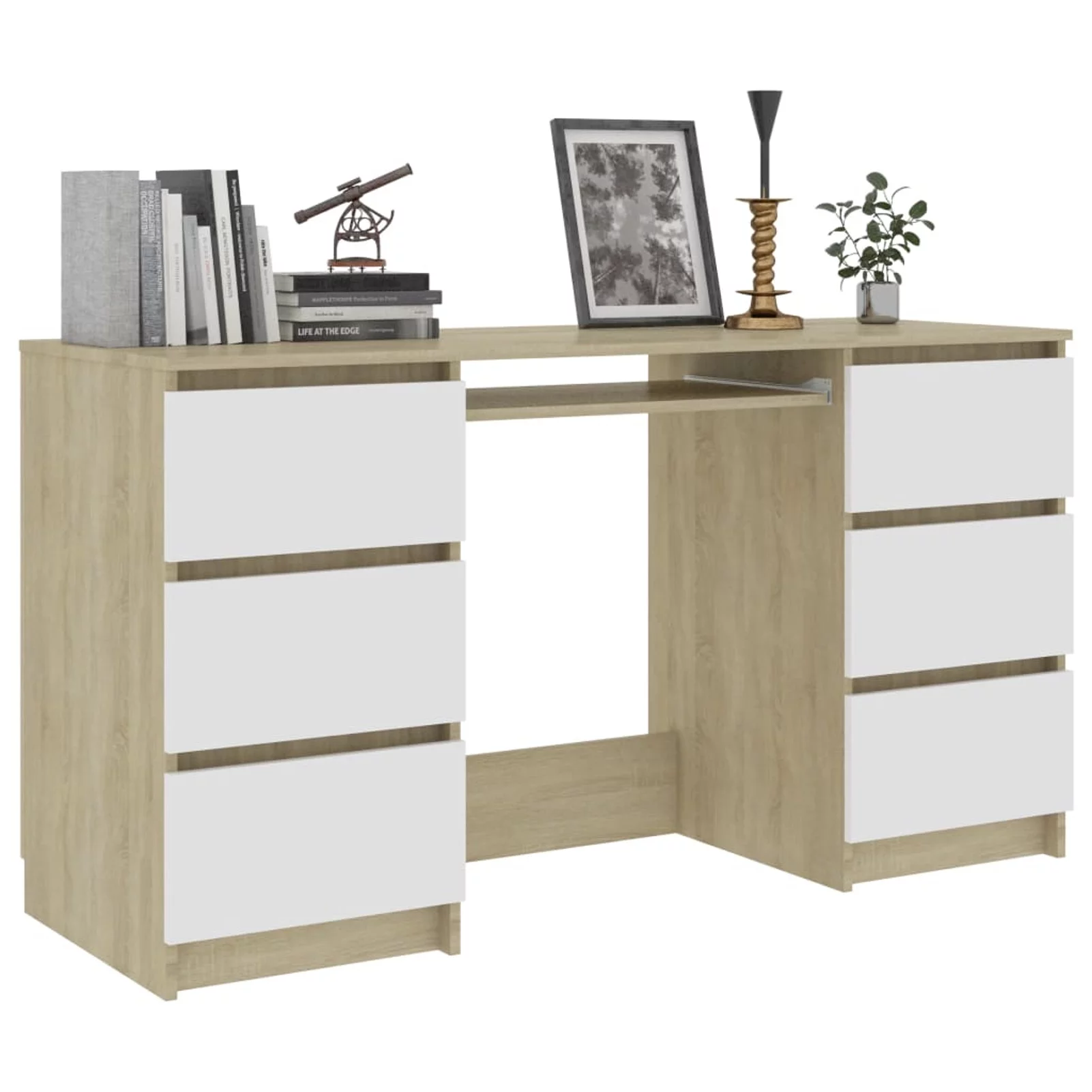 Dcenta Modern Computer Desk with 6 Storage Drawers Chipboard Writing Desk Multifuctional Laptop Gaming Table Home Office Furniture White Sonoma Oak 55.1 x 19.7 x 30.3 Inches (W x D x H)