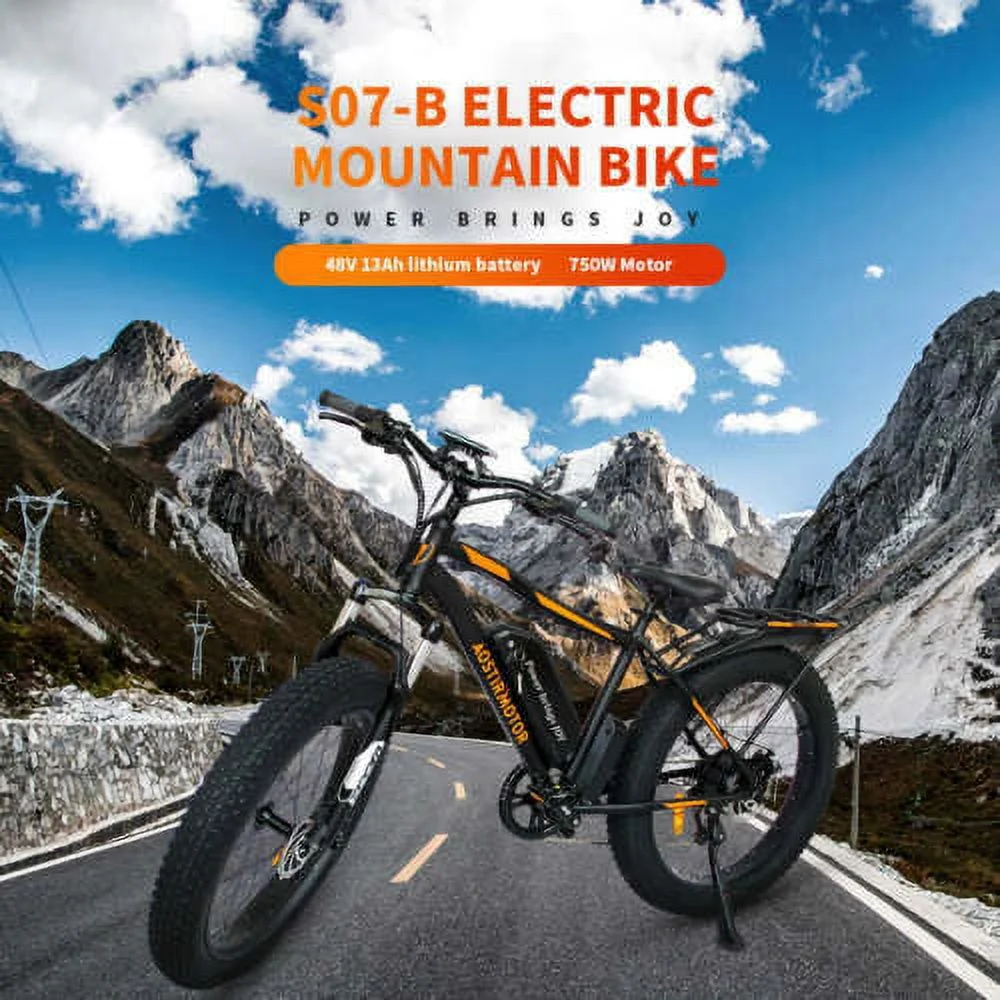 Aostirmotor Electric Mountain Bike, 749W Motor 48V 13AH Removable Lithium Battery Ebike with Rack, 26" 4.0 inch Fat tire Bike, Electric Bicycle for Adults(Black)
