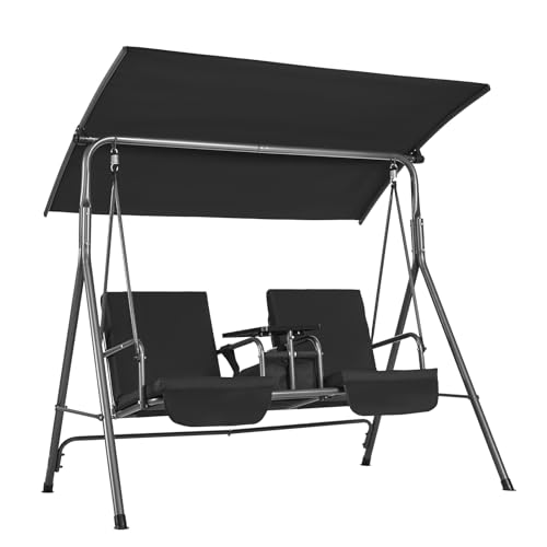 VEVOR 3-Seat Patio Swing Chair, Converting Canopy Swing, Outdoor Patio Porch with Adjustable Canopy, Removable Thick Cushion and Alloy Steel Frame, for Balcony, Backyard, Poolside, Brown