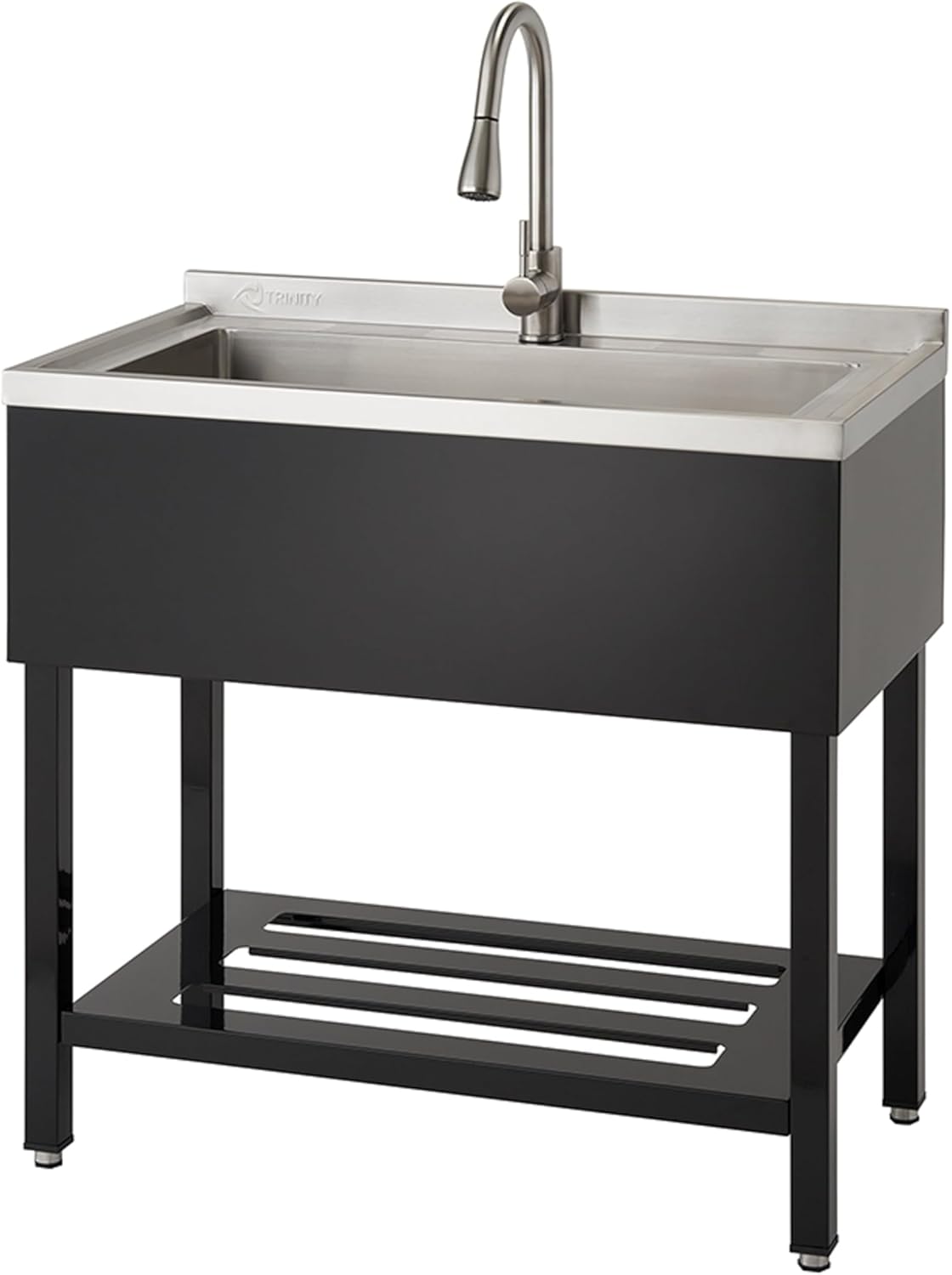 TRINITY THAPBK-0323 Stainless Steel Freestanding Single Bowl Utility Sink for Garage, Laundry Room, and Commercial Use, Includes Pull-Out Faucet, NSF Certified, 36" x 20" x 49", Black