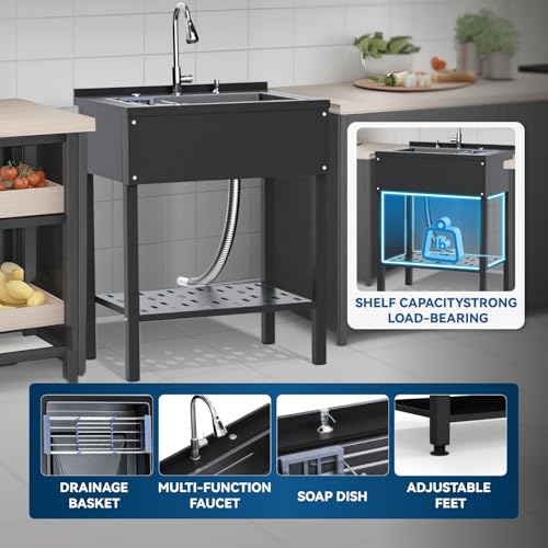 Stainless Steel Utility Sink,24" FreeStanding Laundry&Utility Room Sinks with Cold and Hot Water Faucet,Hoses and Drain Kit Commercial Single Bowl,Laundry Sink for Kitchens, Garage (24x18x36 Black)