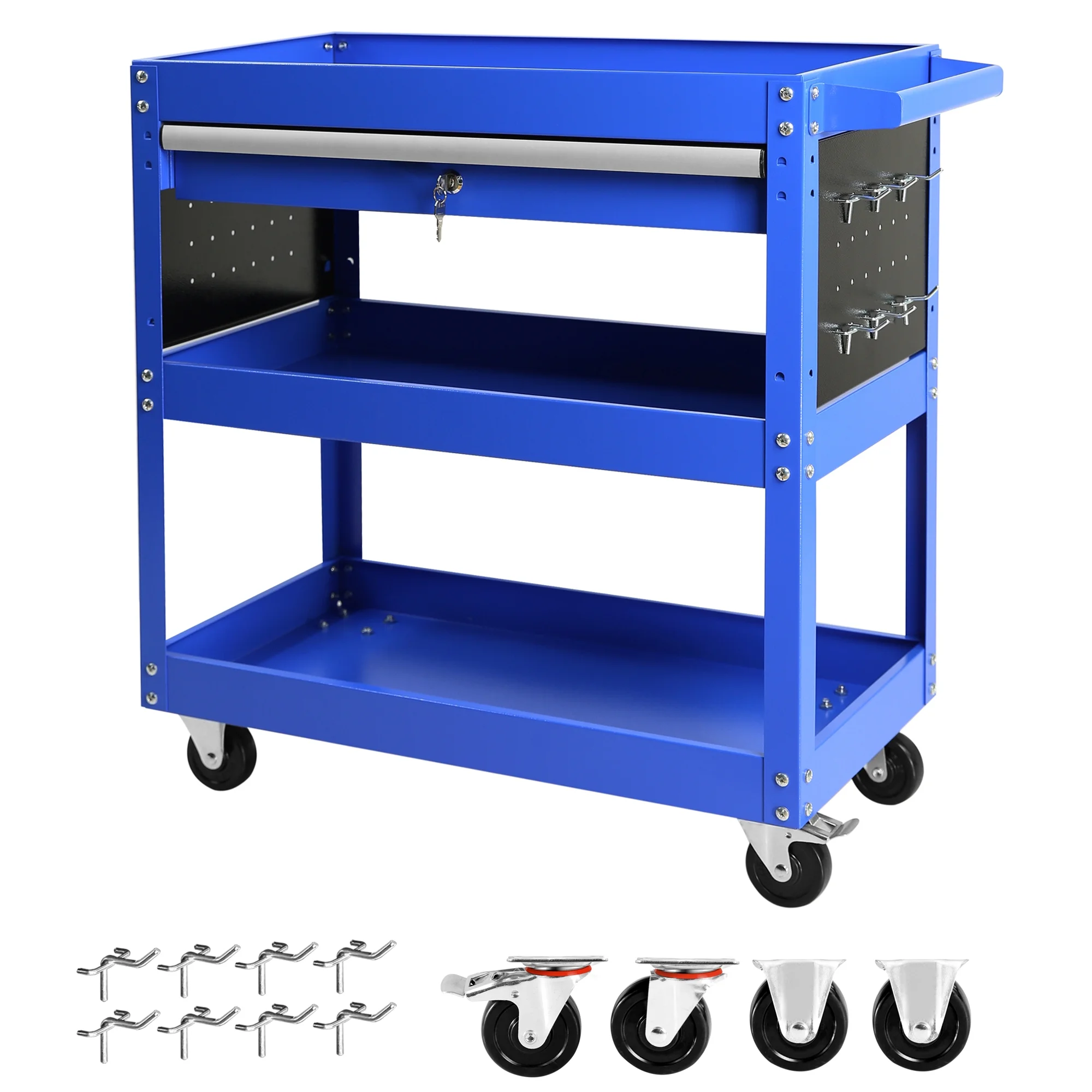 Rolling Tool Cart with Drawer, Seizeen Heavy Duty Utility Cart on Wheels, Garage Workshop Tool Organizer, 3 Tray, 1 Lockable Drawer, 6 Side Hooks