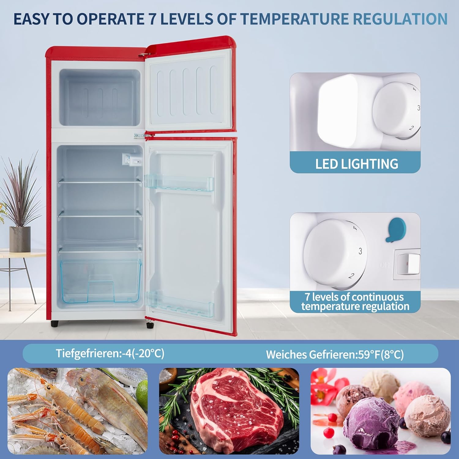 Dual Zone Compact Retro Refrigerator with Adjustable Shelves,4.5 cu. ft.Dual Zone Refrigerator,3.3 Refrigerator+1.2 cu. ft.4 Star Freezer,7 Temperature Settings and LED Lighting,45 dB