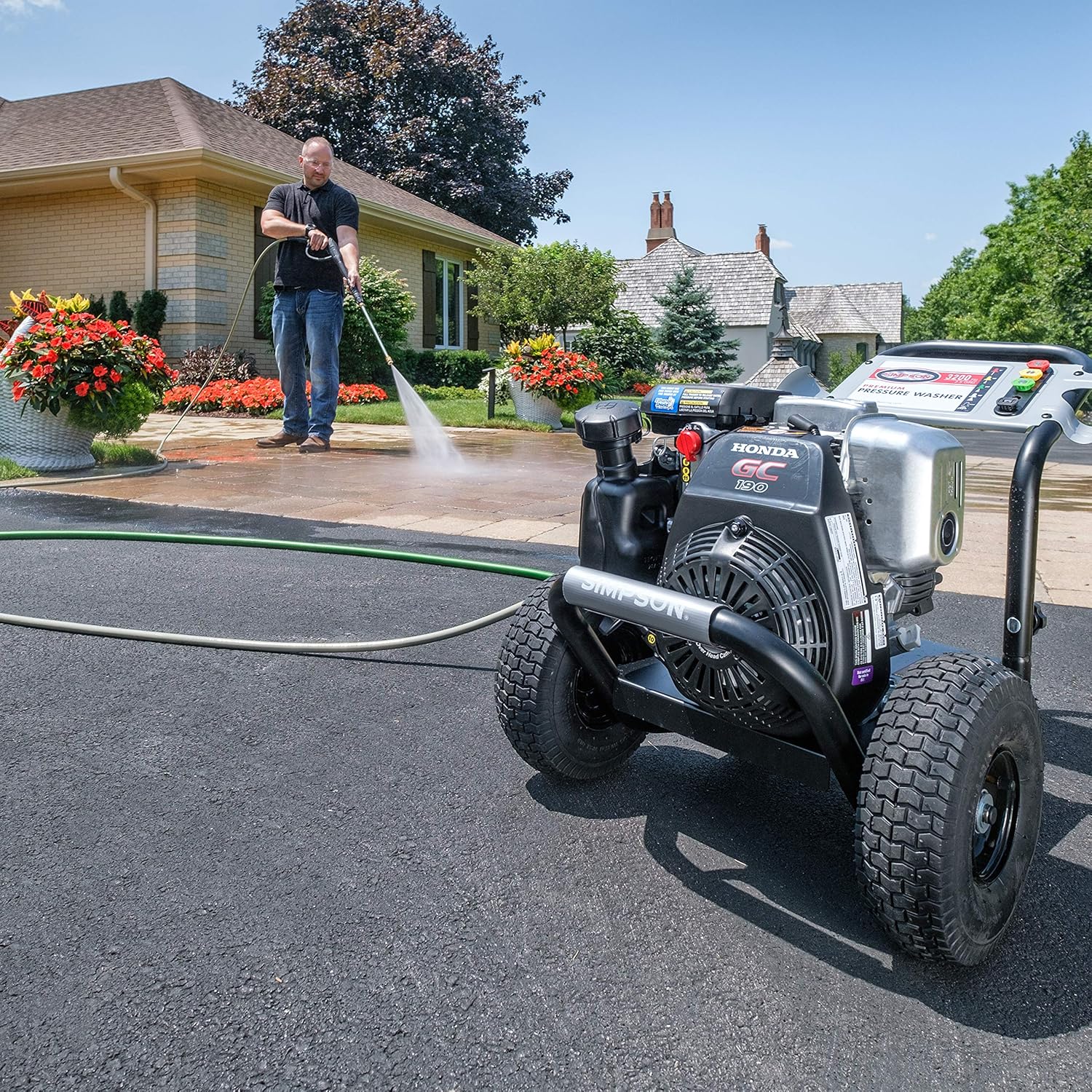 Simpson Cleaning MSH3125 MegaShot Gas Pressure Washer Powered by Honda GC190, 3200 PSI at 2.5 GPM, Black & 80165, Rated Up to 3700 PSI Universal 15" Steel Surface Scrubber, Plain
