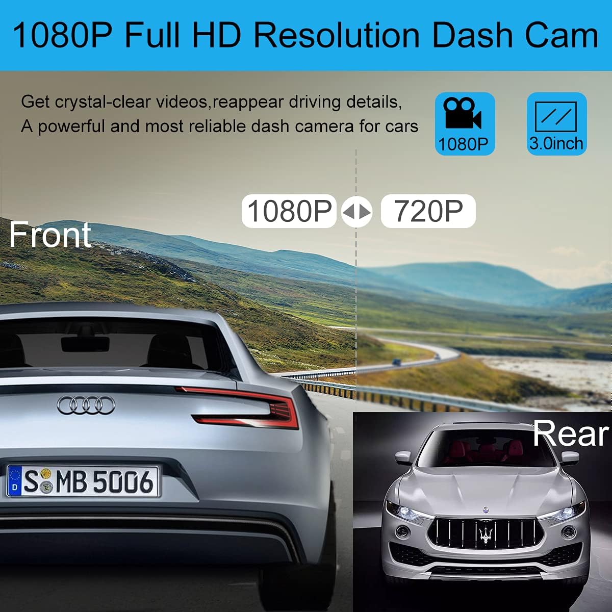 Dash Cam Front and Rear, Dash Camera for Cars 1080P Full HD Dual Dash Cam 3 IPS Screen in Car Camera Front and Rear Night Vision,170°Wide Angle Motion Detection Parking Monitor G-Sensor(with SD Card)