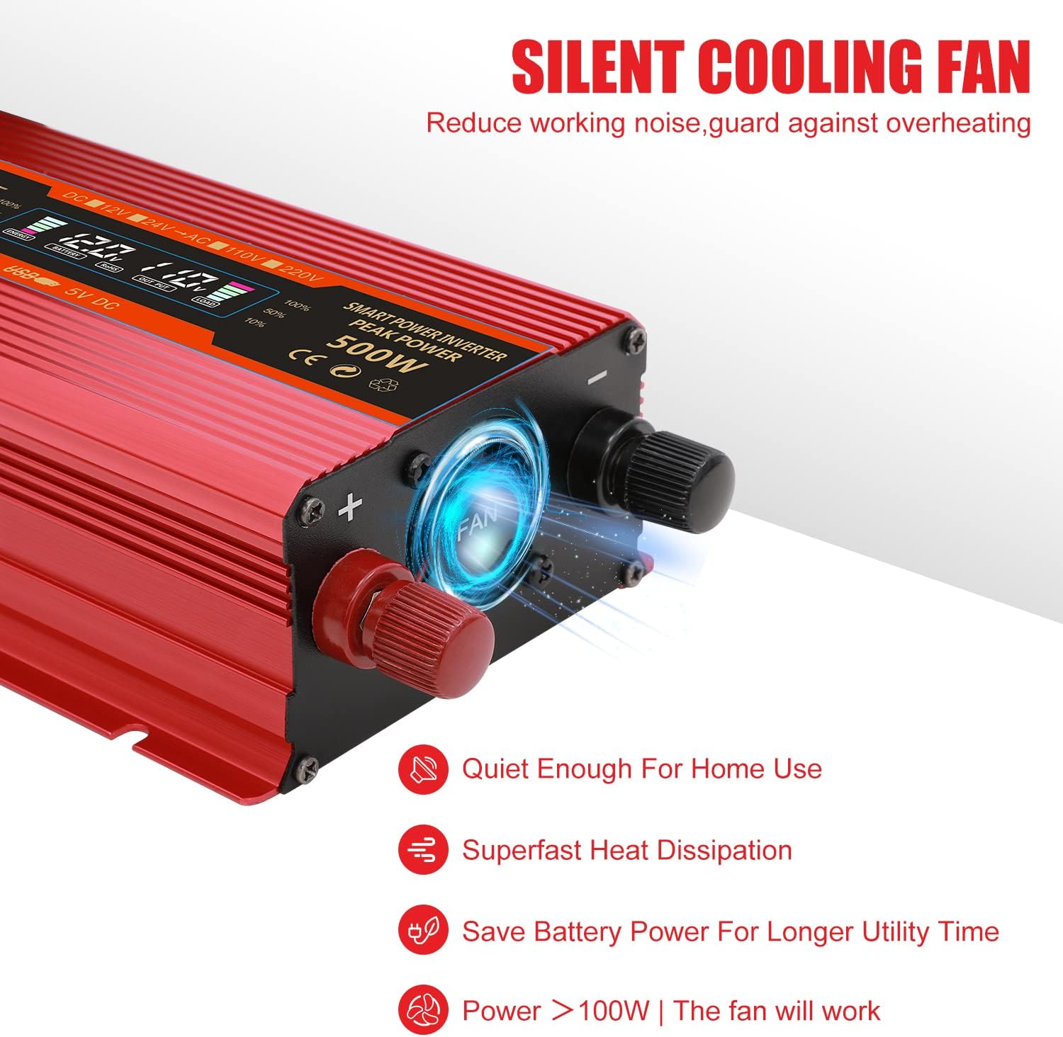 COSTYERT 500W Power Inverter DC 12V to 110V AC Car Inverter with Alligator Battery Clamp, LCD Display, Dual AC Outlets & 2.0A USB Ports Charger, Red