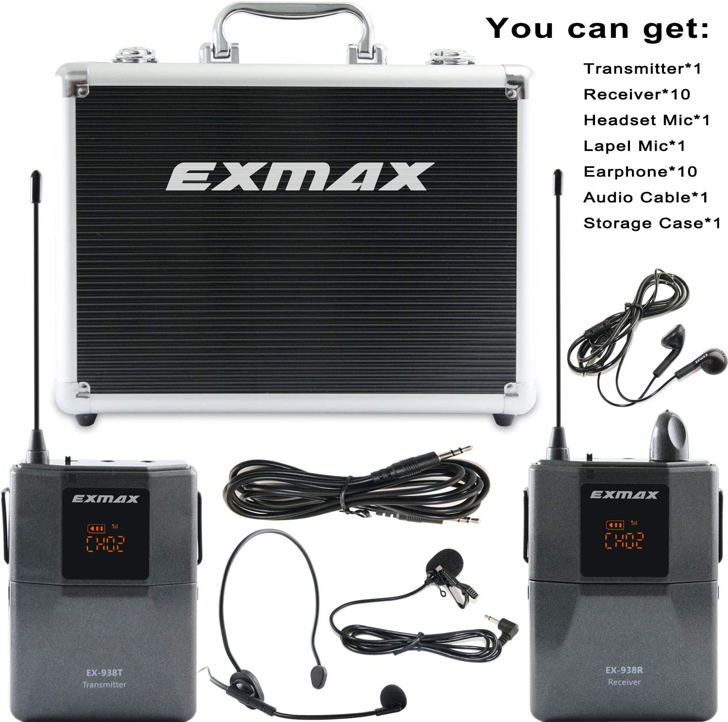 EXMAX EX-938 Wireless Headset Microphone Tour Guide System Interpreter Transmitter Translator in Your Ear for Church Translation Simultaneous Interpretation (1 Transmitter 10 Receivers & Storage Case)