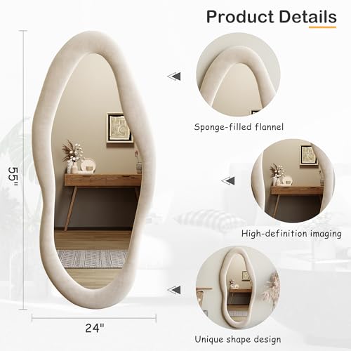 Honyee Full Length Mirror, 63" x 24" Wall Mirror, Flannel Wrapped Wooden Frame Floor Mirror, Irregular Wavy Mirror Hanging or Leaning Against Wall for Cloakroom/Bedroom/Living Room, Milk Tea
