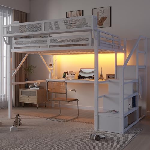 Full Size Loft Bed with Stairs and Storage, Metal Loft Bed Frame with Bedside Shelf and Large Under-Bed Space, Heavy-Duty Bed for Adults Teens and Kids, Black