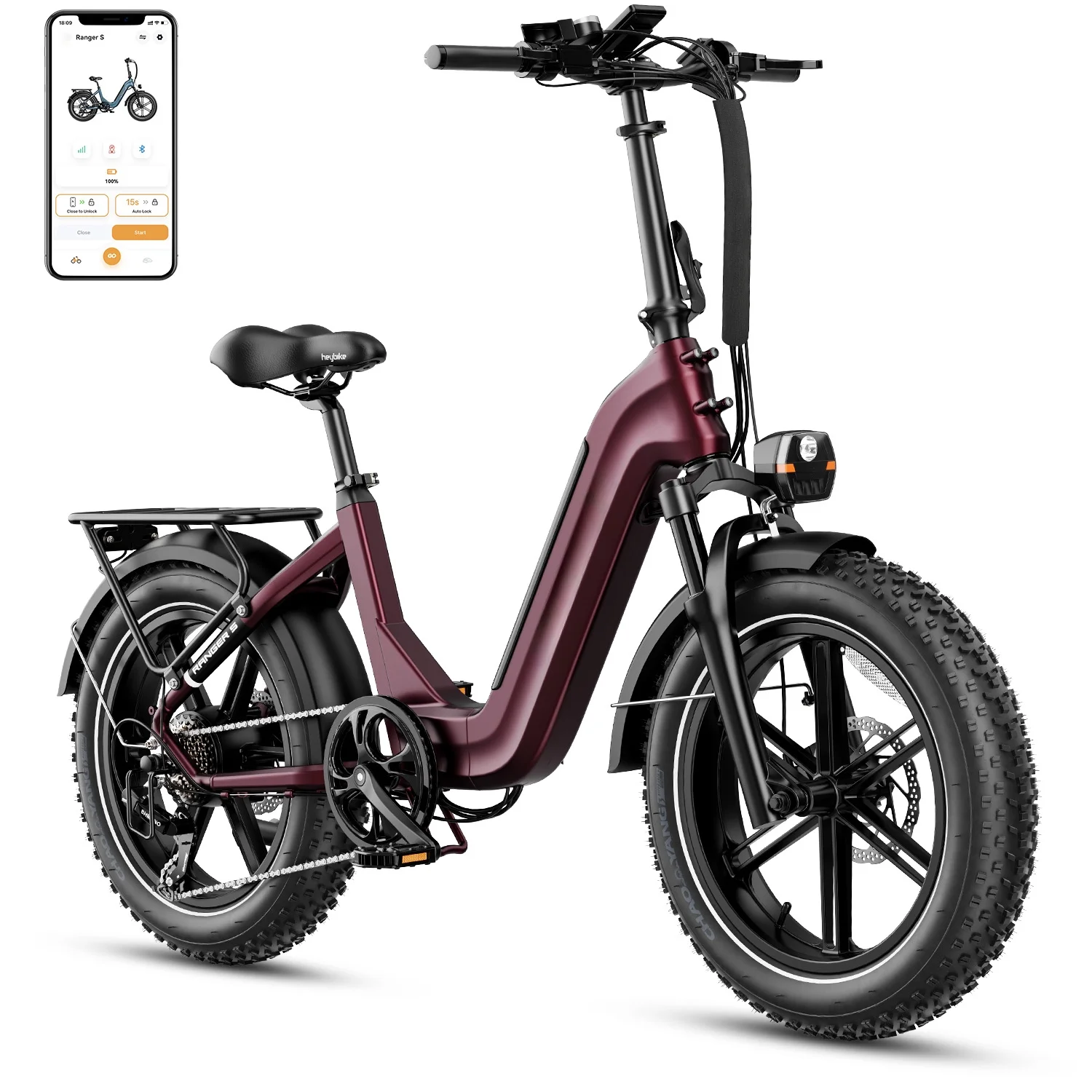 Yoloway Ranger S Folding Electric Bike, Foldable Electric Bicycle with 48V 14.4AH Removable Battery, 20 x 4.0 Fat Tire Step-thru Ebike for Adults, Red