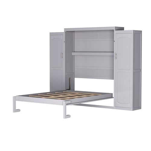 KLMM Wooden Murphy Bed Wall Bed with 2 Wardrobe and Storage Shelf,Foldable Platform Bedframe for Guest-Room Bedroom Study Office Use (White#E, Full)