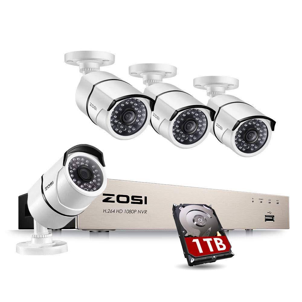ZOSI 1080p PoE 8-Channel 1TB Hard Drive DVR Security Camera System with 4-Wired Bullet Cameras