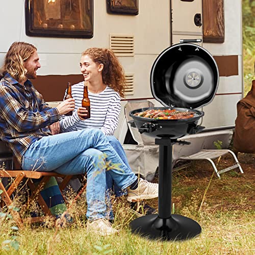 COSTWAY Electric BBQ Grill, Portable Grill with Metal Cooking Grilling Rack, Detachable Temperature Control & Removable Grease Collector, Outdoor Freestanding Grill for Camping &Tailgating