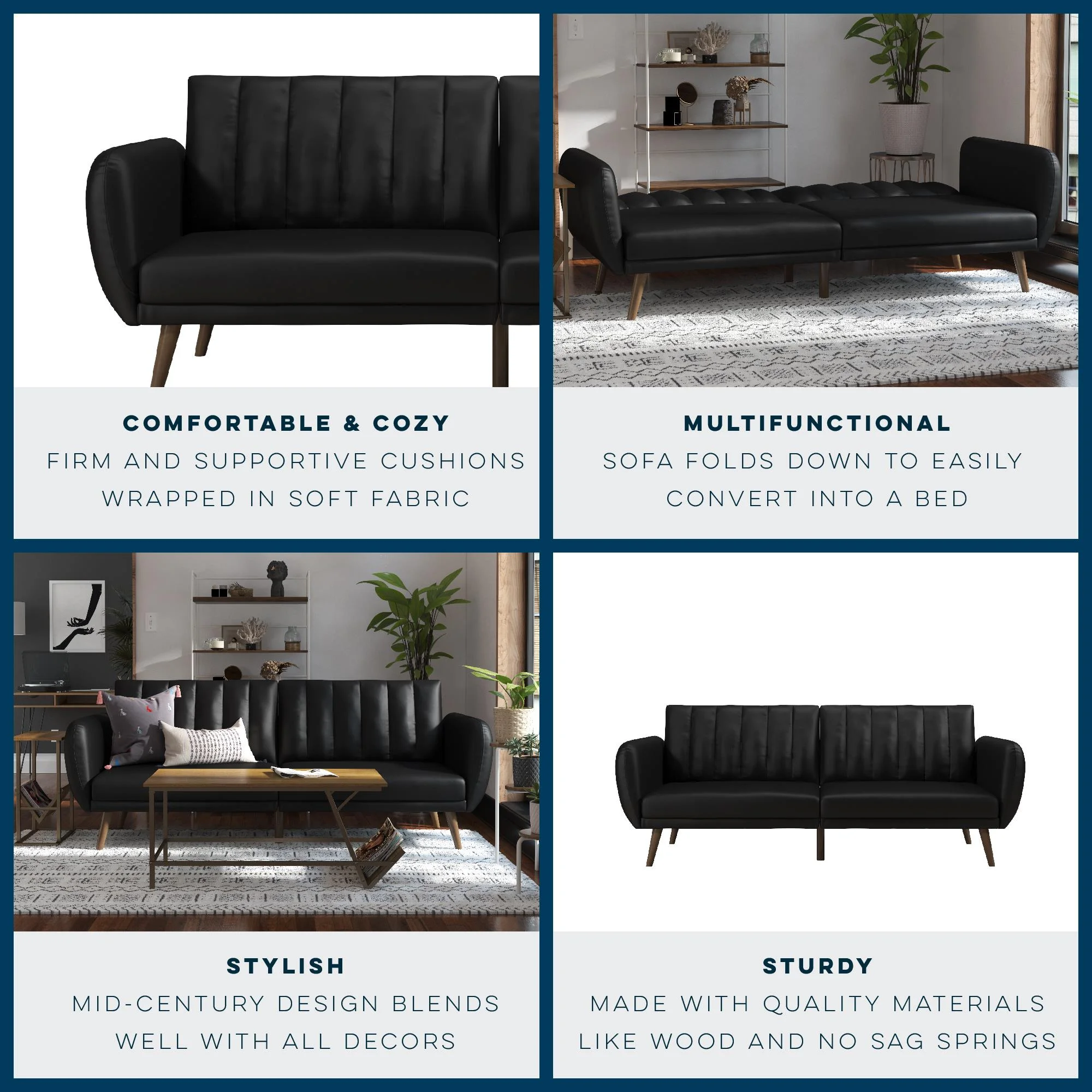 Novogratz Brittany Futon, Black Faux Leather